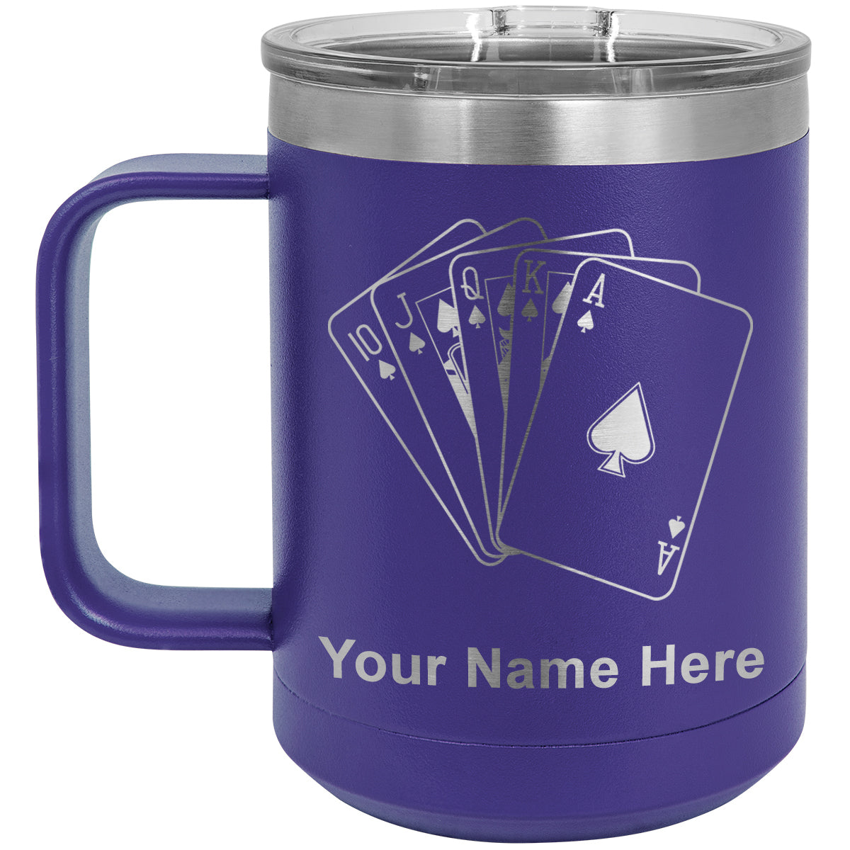 15oz Vacuum Insulated Coffee Mug, Royal Flush Poker Cards, Personalized Engraving Included