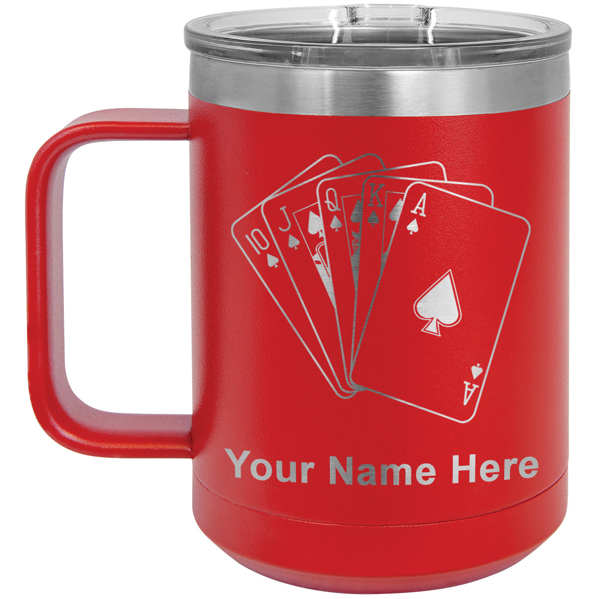 15oz Vacuum Insulated Coffee Mug, Royal Flush Poker Cards, Personalized Engraving Included