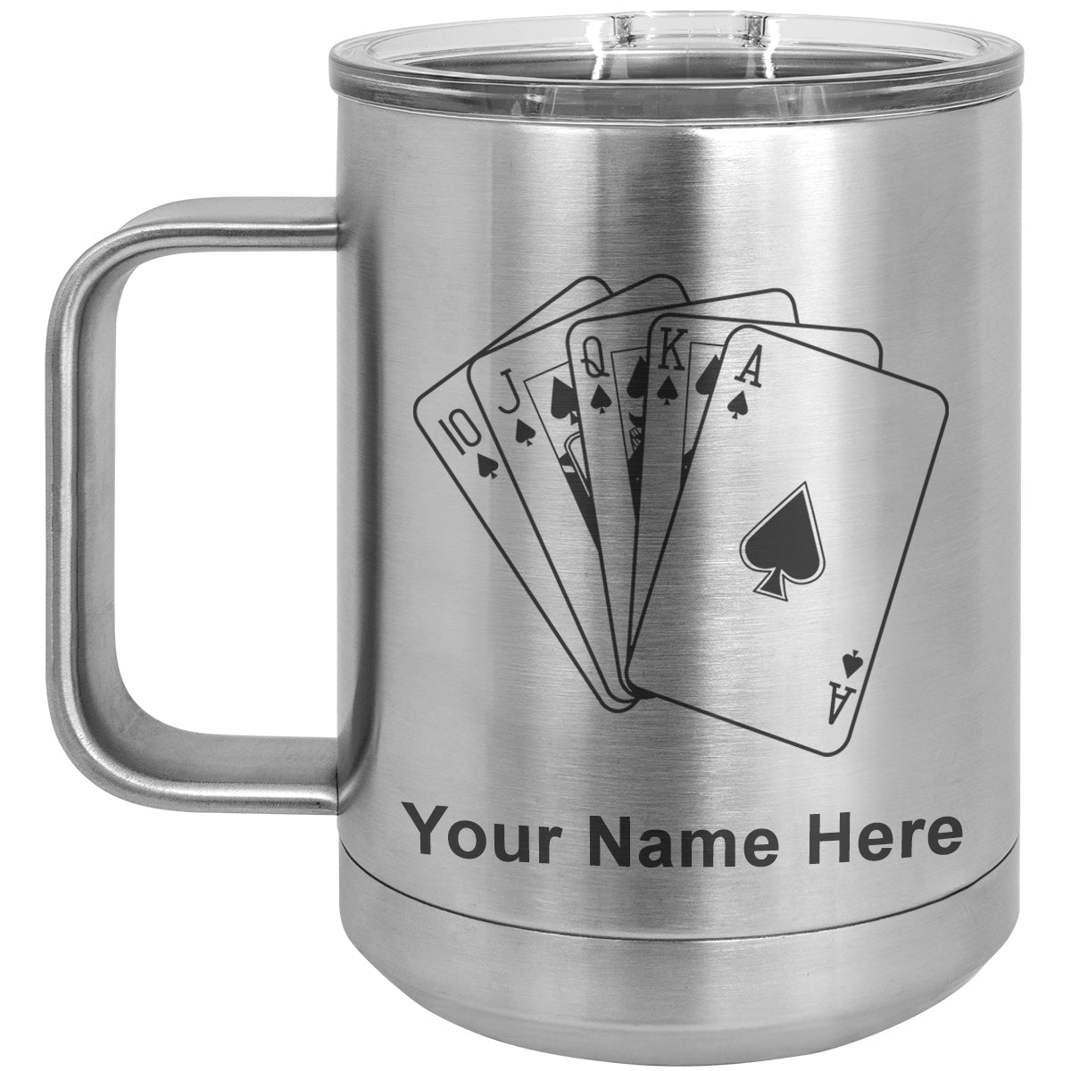 15oz Vacuum Insulated Coffee Mug, Royal Flush Poker Cards, Personalized Engraving Included