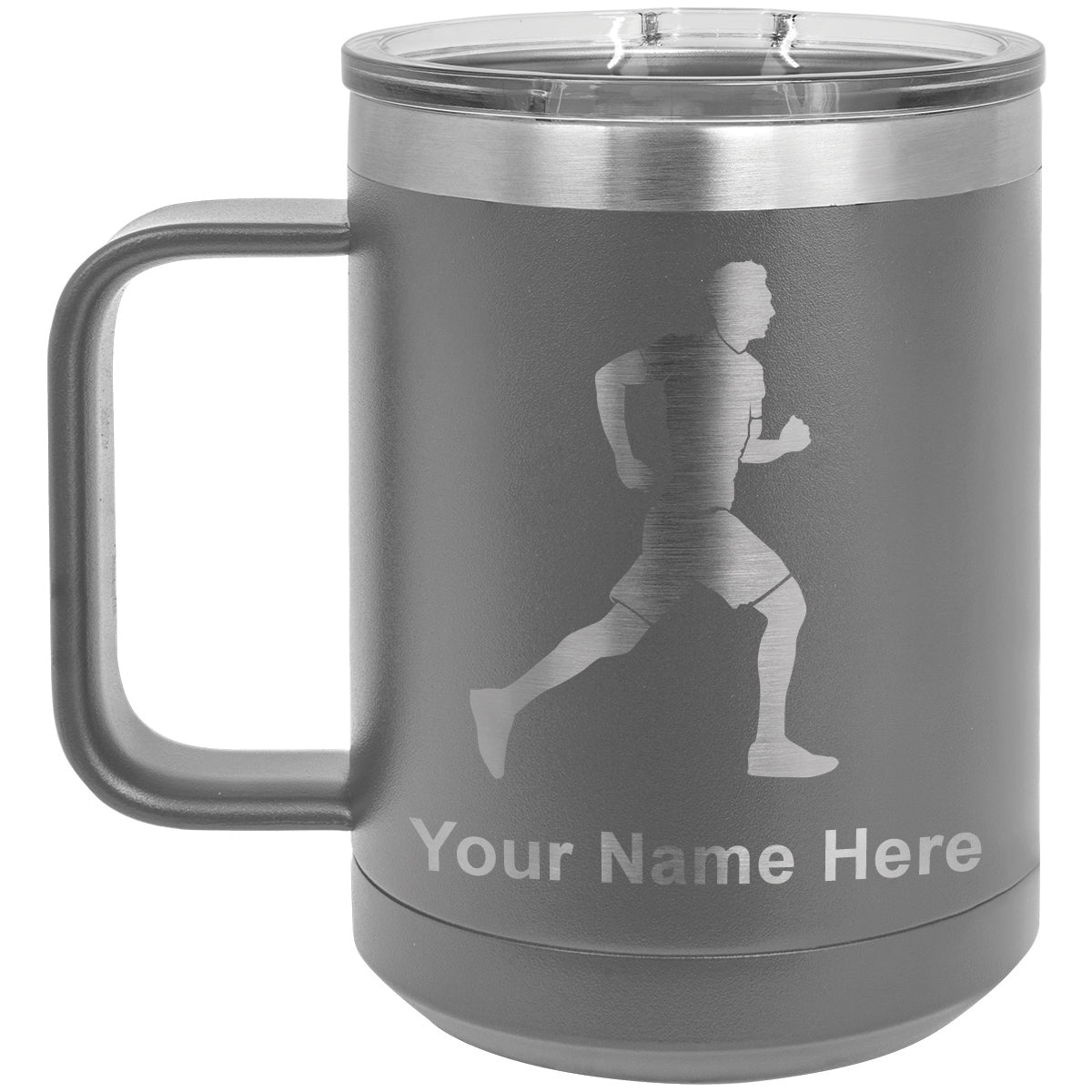 15oz Vacuum Insulated Coffee Mug, Running Man, Personalized Engraving Included