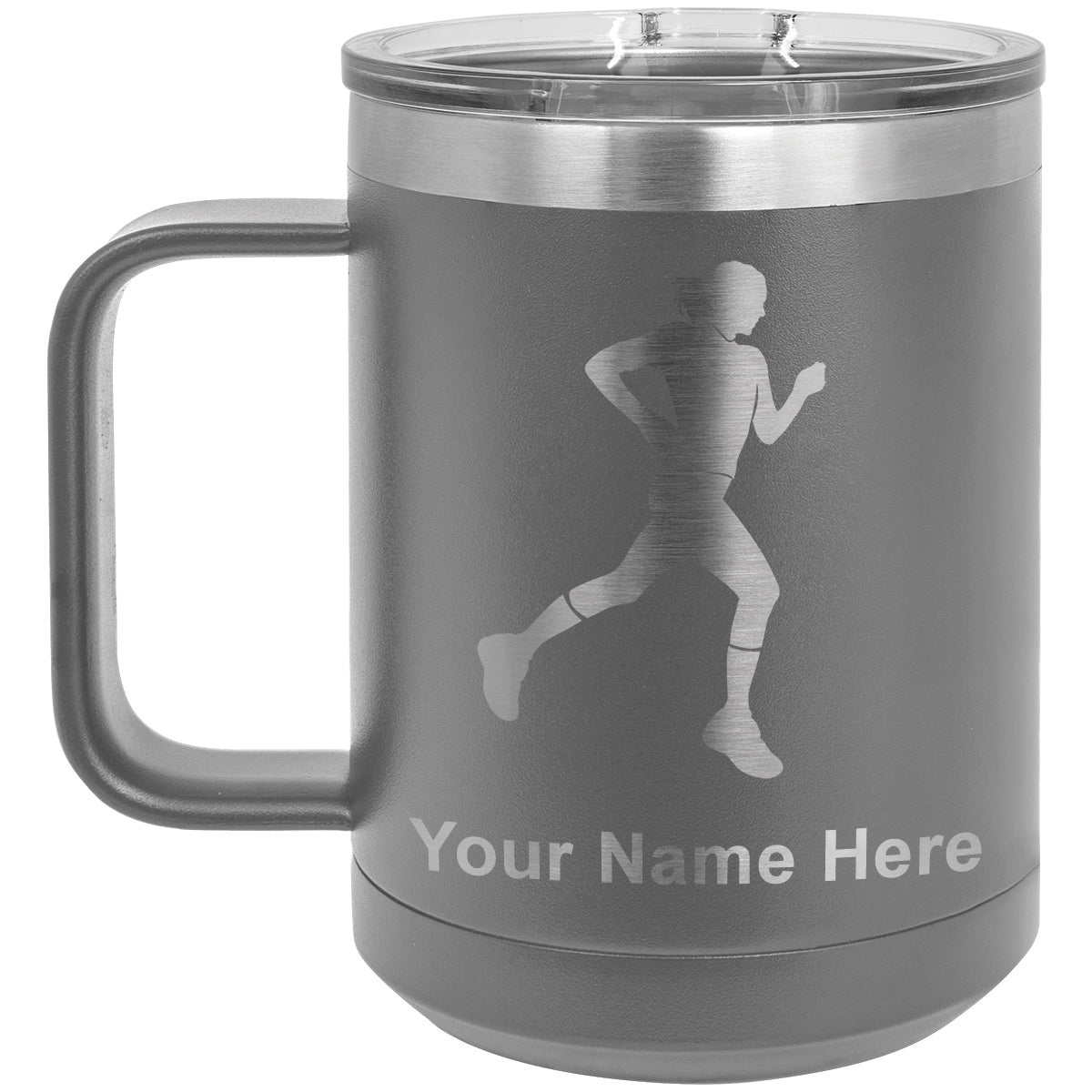 15oz Vacuum Insulated Coffee Mug, Running Woman, Personalized Engraving Included