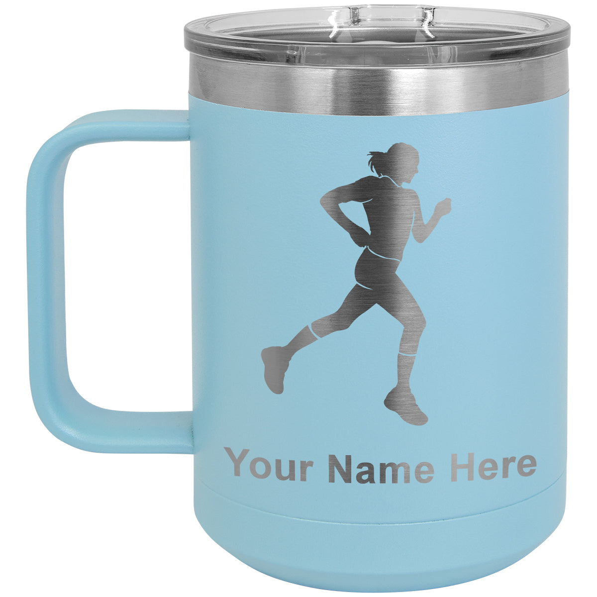 15oz Vacuum Insulated Coffee Mug, Running Woman, Personalized Engraving Included
