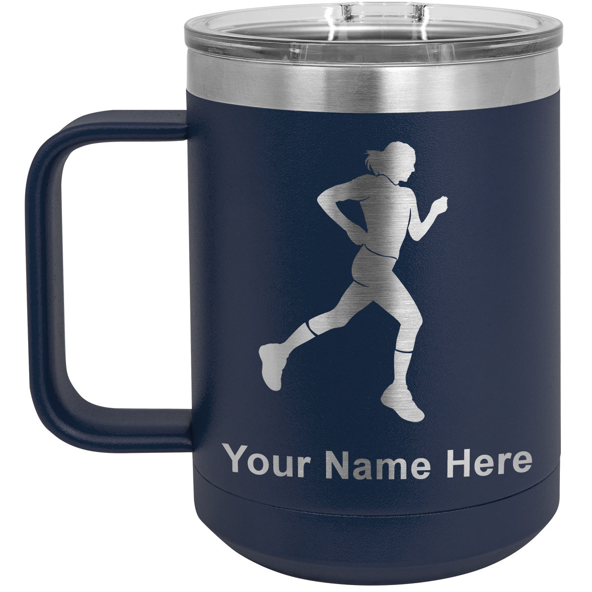 15oz Vacuum Insulated Coffee Mug, Running Woman, Personalized Engraving Included