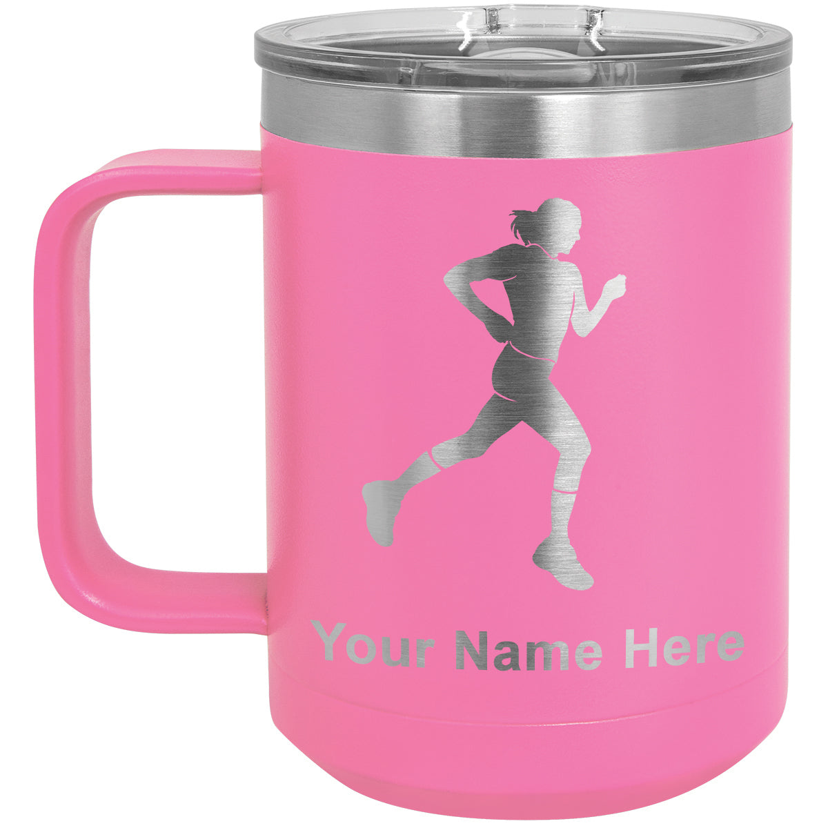 15oz Vacuum Insulated Coffee Mug, Running Woman, Personalized Engraving Included