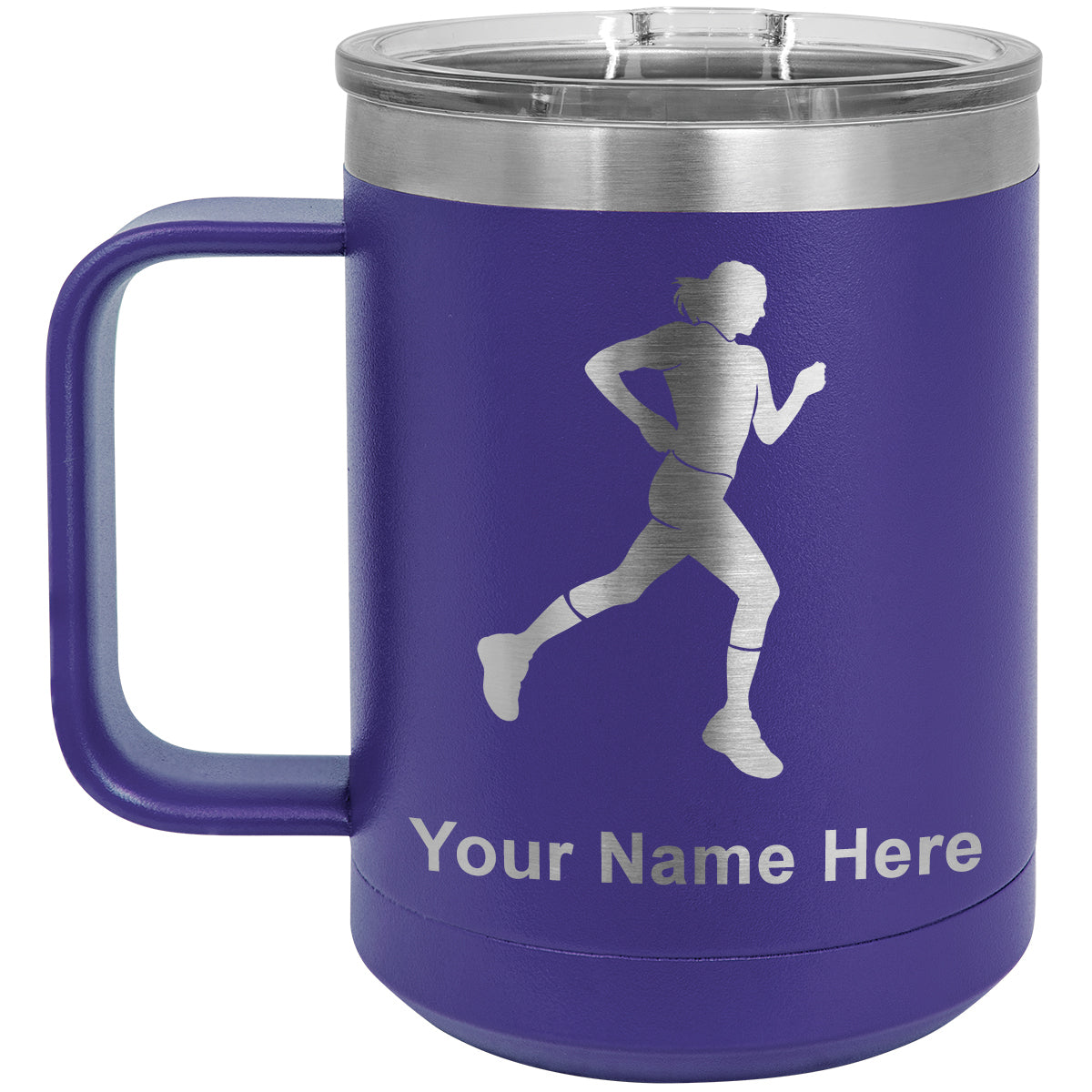 15oz Vacuum Insulated Coffee Mug, Running Woman, Personalized Engraving Included