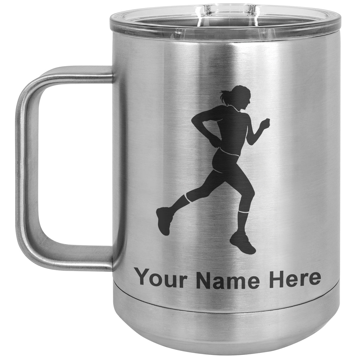 15oz Vacuum Insulated Coffee Mug, Running Woman, Personalized Engraving Included