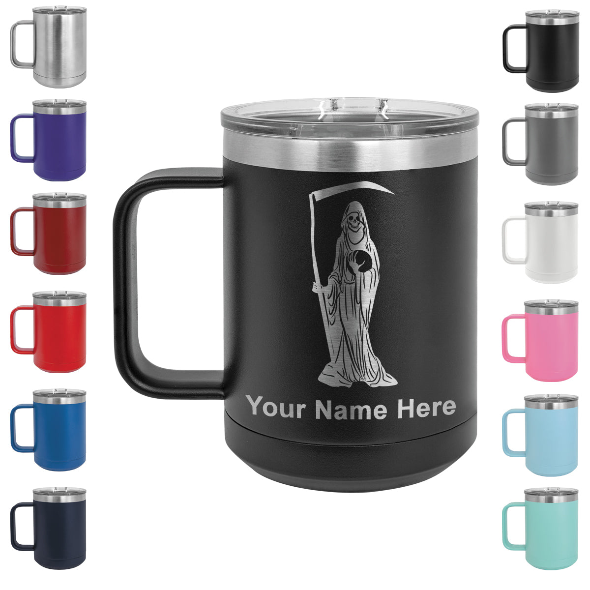 15oz Vacuum Insulated Coffee Mug, Santa Muerte, Personalized Engraving Included