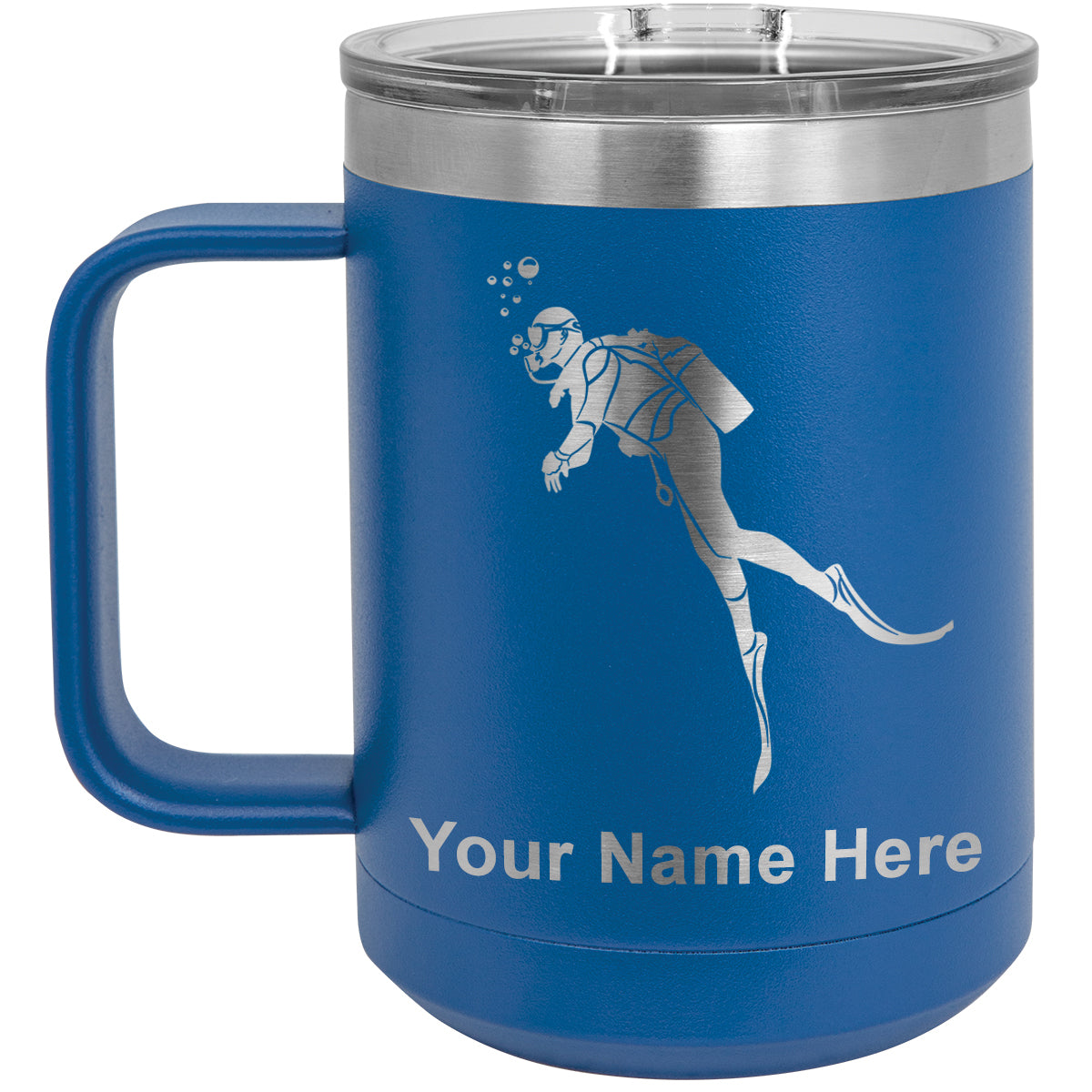 15oz Vacuum Insulated Coffee Mug, Scuba Diver, Personalized Engraving Included
