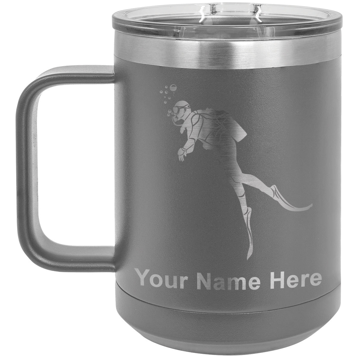 15oz Vacuum Insulated Coffee Mug, Scuba Diver, Personalized Engraving Included