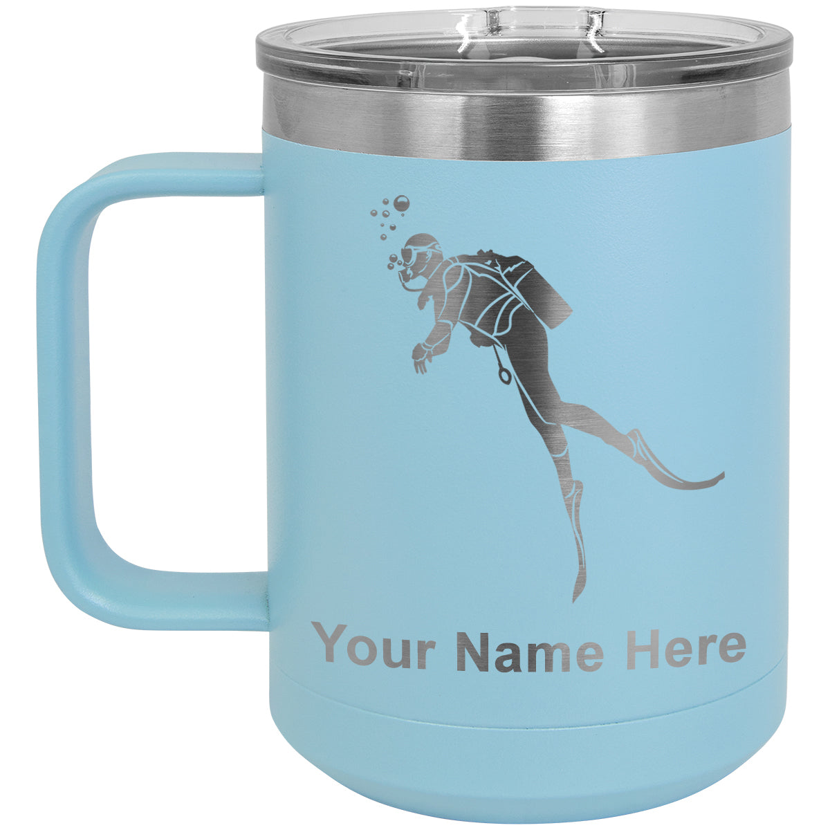 15oz Vacuum Insulated Coffee Mug, Scuba Diver, Personalized Engraving Included