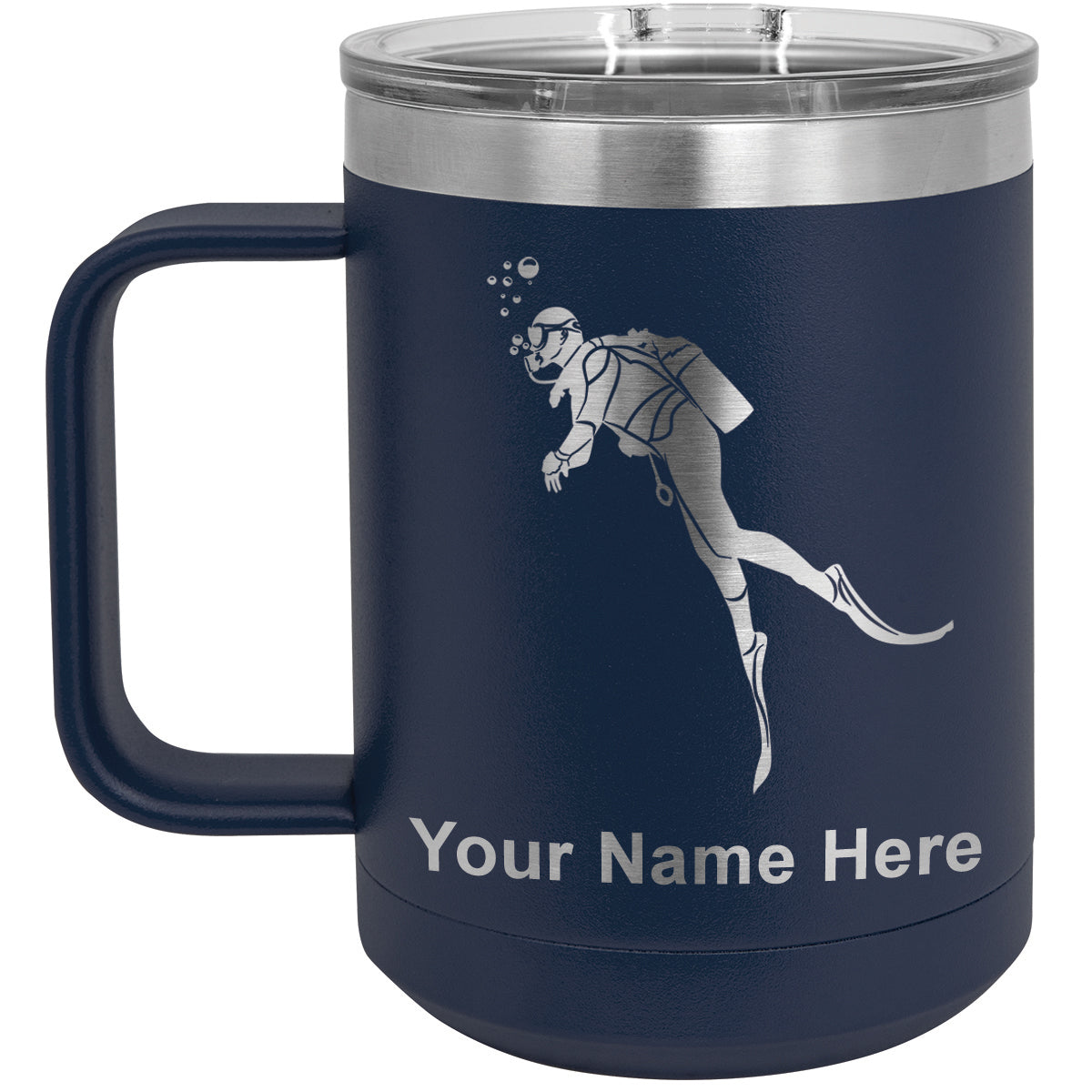 15oz Vacuum Insulated Coffee Mug, Scuba Diver, Personalized Engraving Included