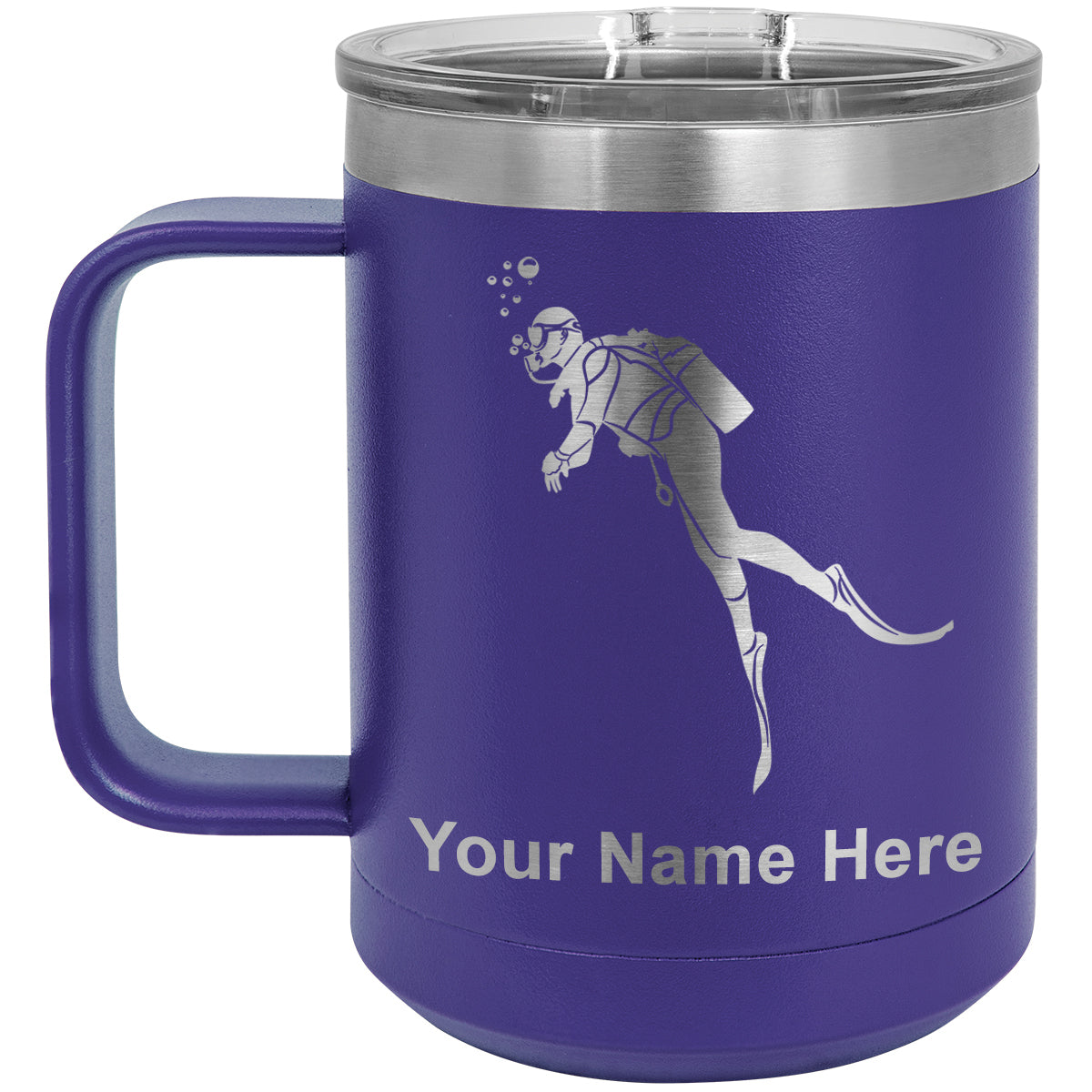15oz Vacuum Insulated Coffee Mug, Scuba Diver, Personalized Engraving Included