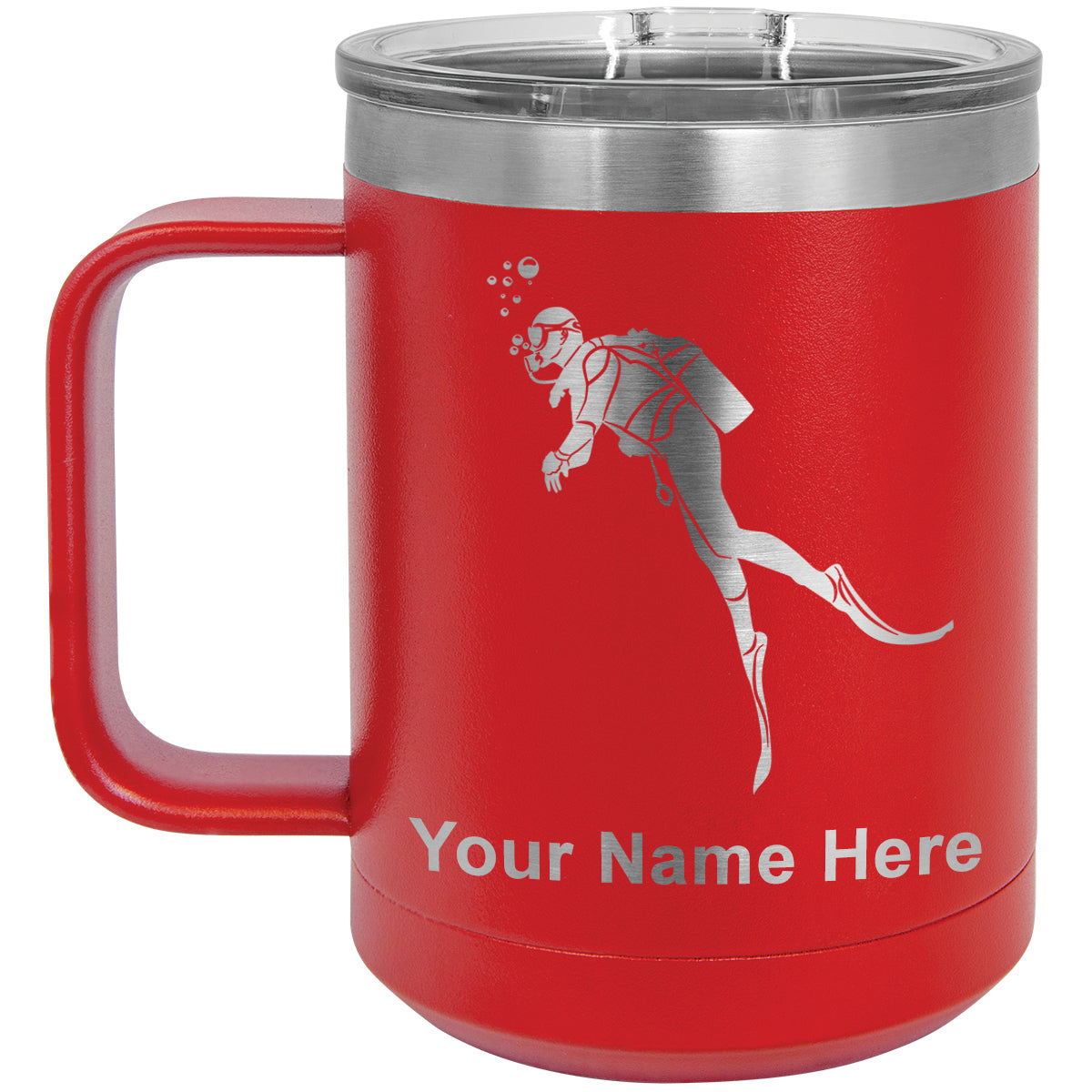 15oz Vacuum Insulated Coffee Mug, Scuba Diver, Personalized Engraving Included