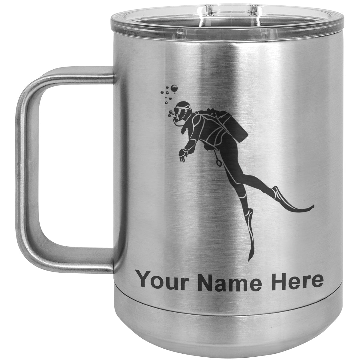 15oz Vacuum Insulated Coffee Mug, Scuba Diver, Personalized Engraving Included