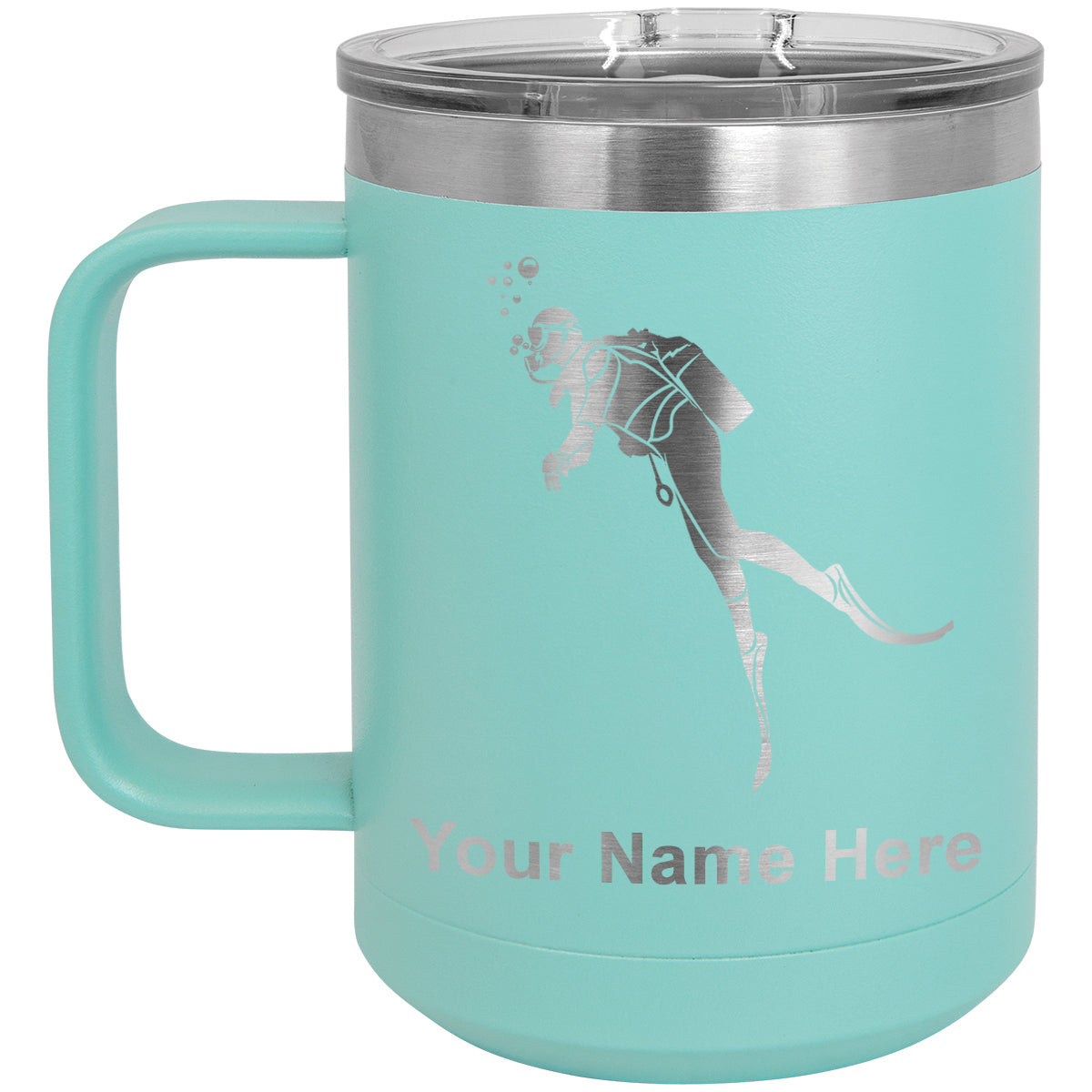 15oz Vacuum Insulated Coffee Mug, Scuba Diver, Personalized Engraving Included
