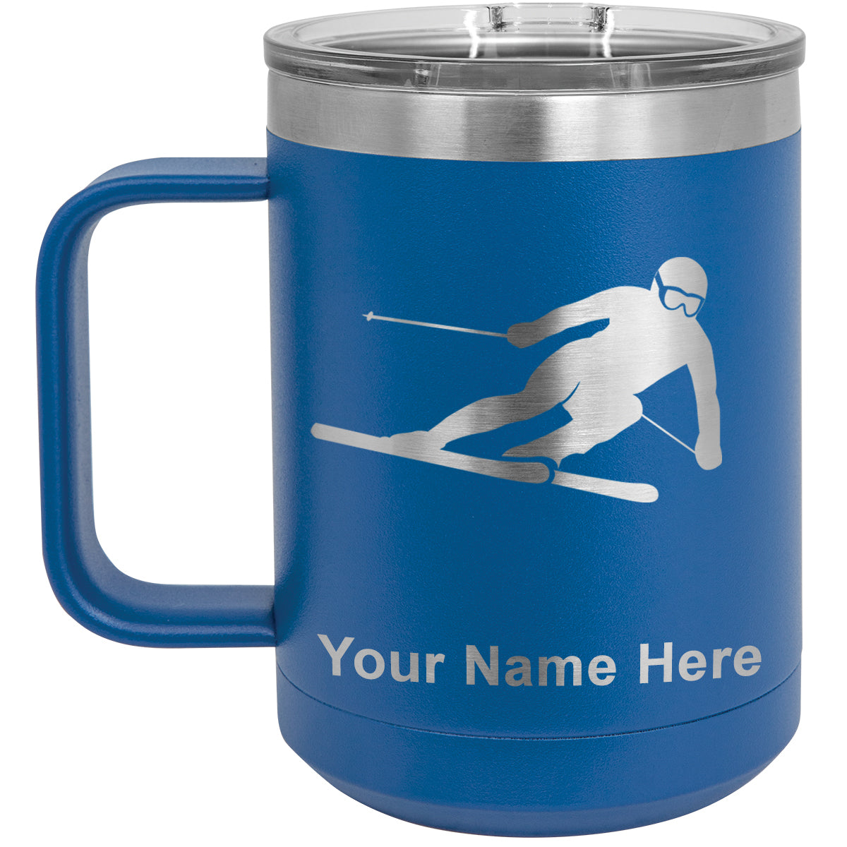 15oz Vacuum Insulated Coffee Mug, Skier Downhill, Personalized Engraving Included