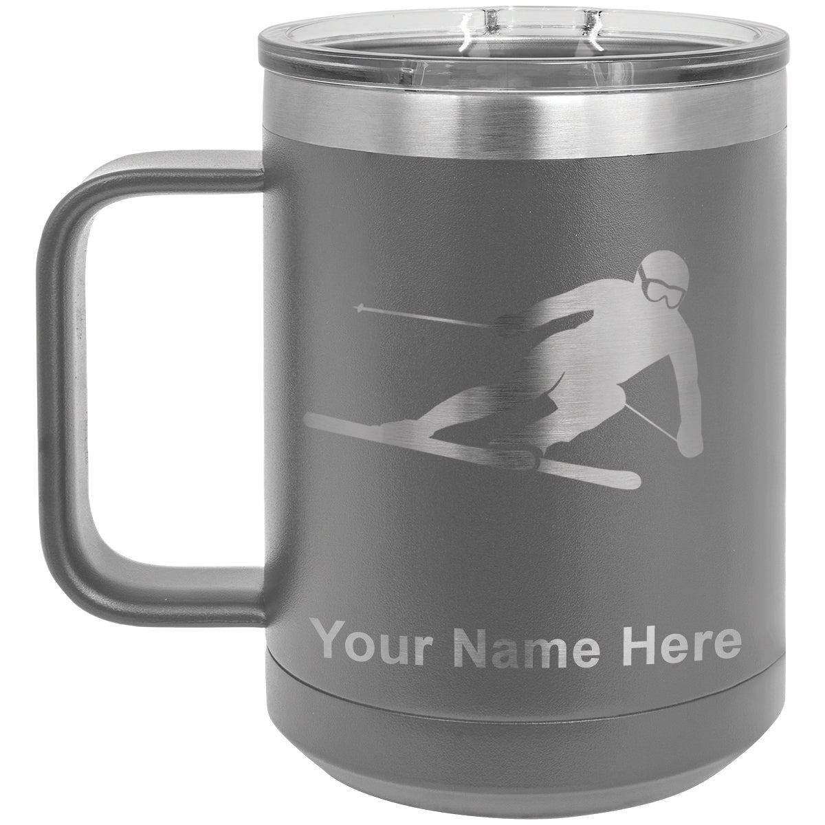 15oz Vacuum Insulated Coffee Mug, Skier Downhill, Personalized Engraving Included