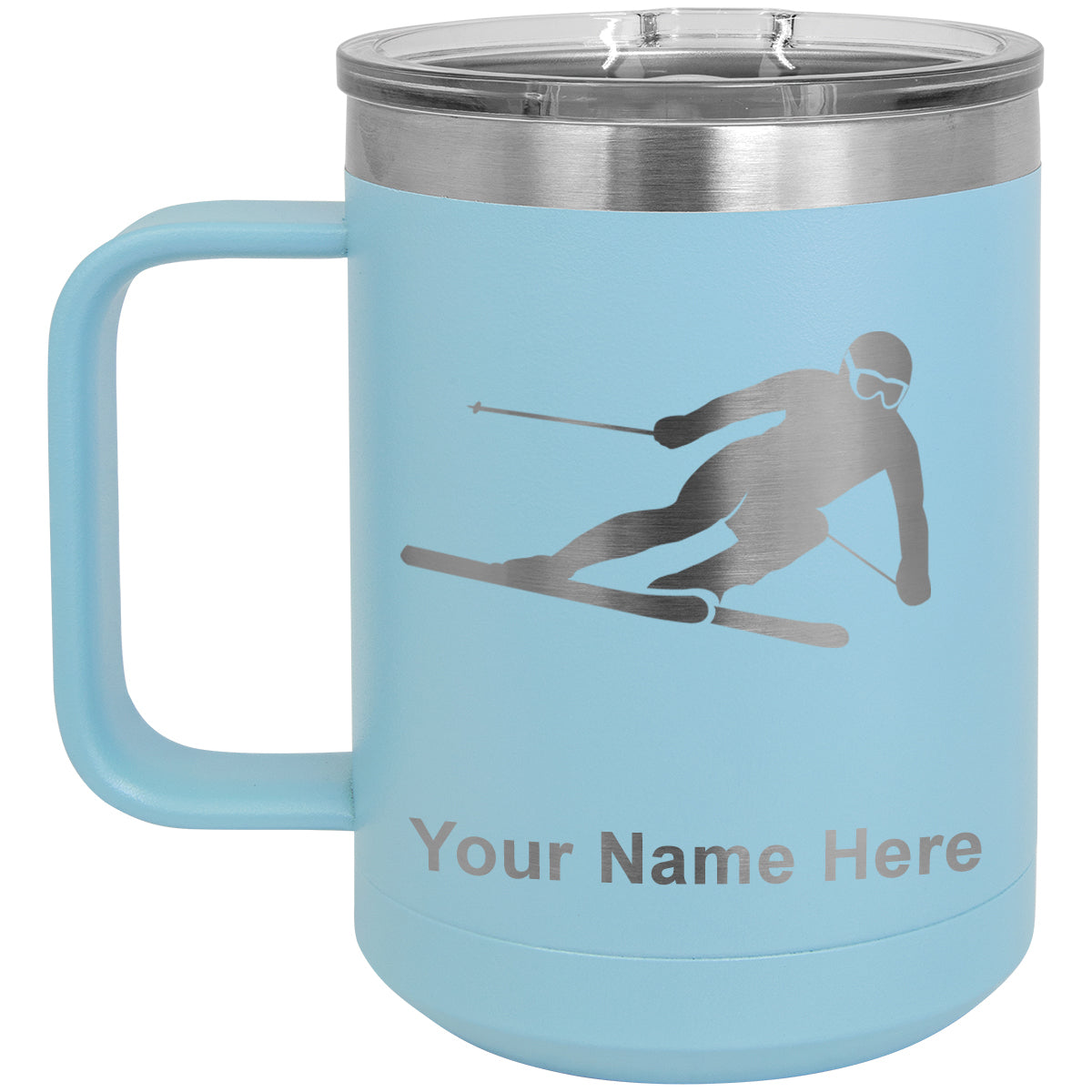 15oz Vacuum Insulated Coffee Mug, Skier Downhill, Personalized Engraving Included