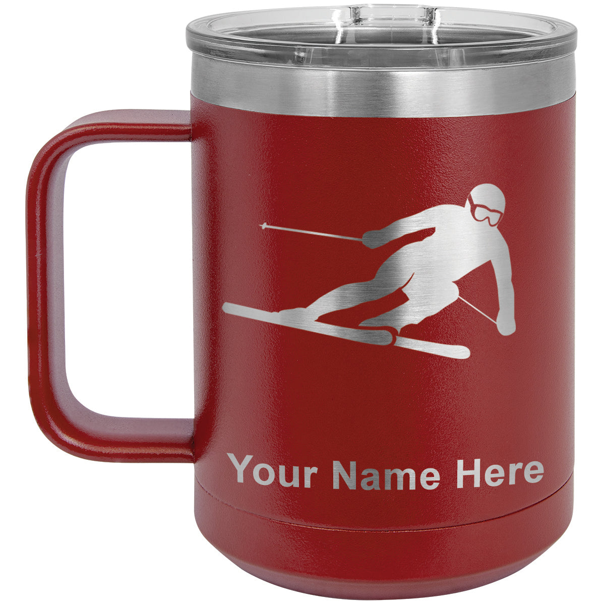 15oz Vacuum Insulated Coffee Mug, Skier Downhill, Personalized Engraving Included
