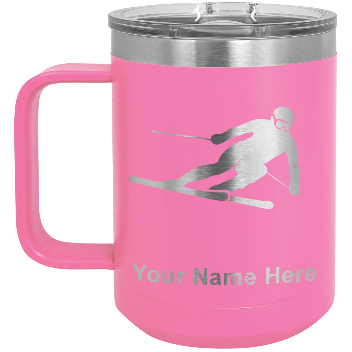 15oz Vacuum Insulated Coffee Mug, Skier Downhill, Personalized Engraving Included