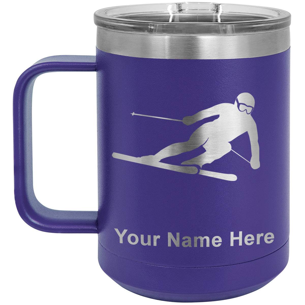 15oz Vacuum Insulated Coffee Mug, Skier Downhill, Personalized Engraving Included