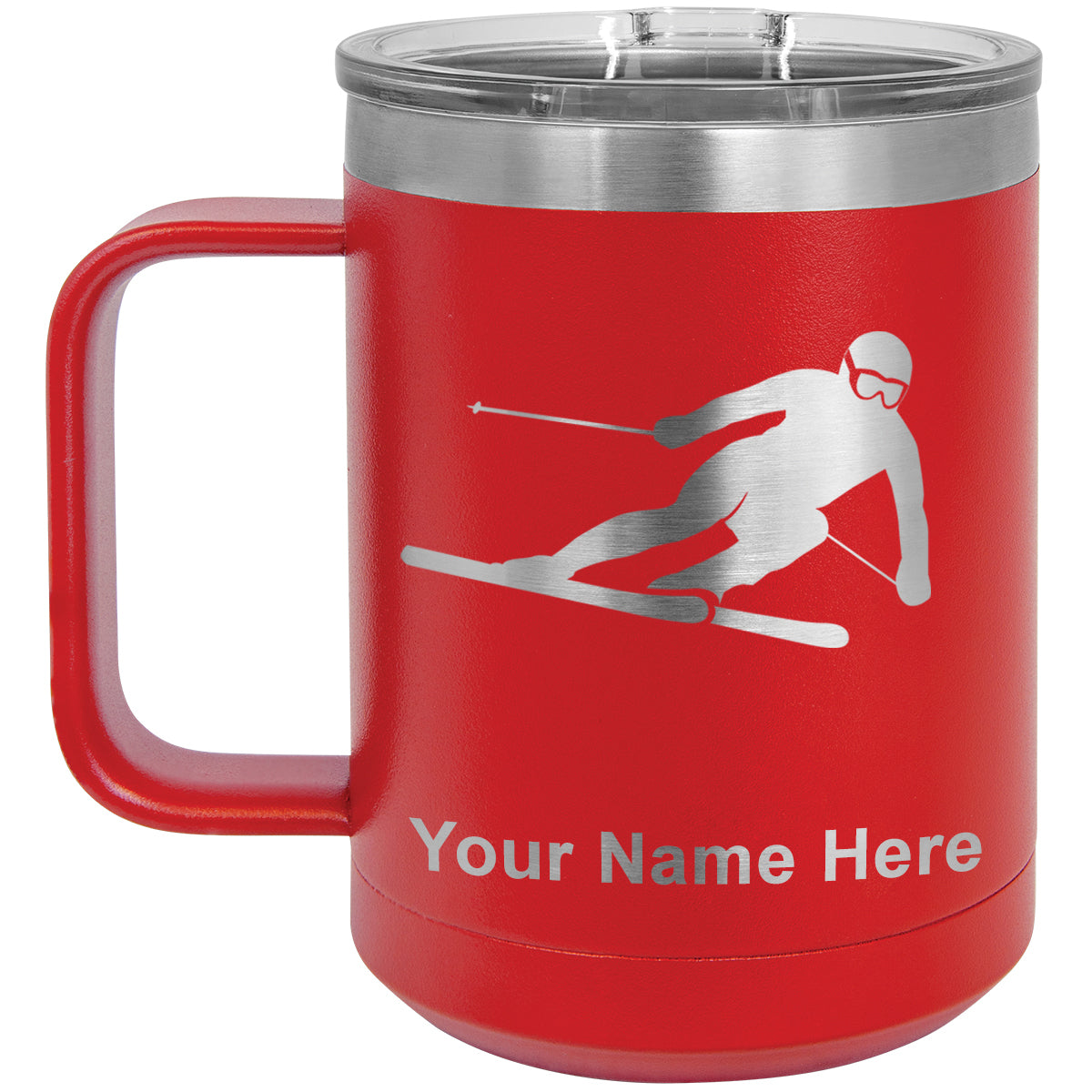 15oz Vacuum Insulated Coffee Mug, Skier Downhill, Personalized Engraving Included