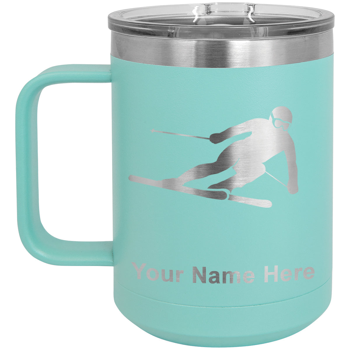 15oz Vacuum Insulated Coffee Mug, Skier Downhill, Personalized Engraving Included