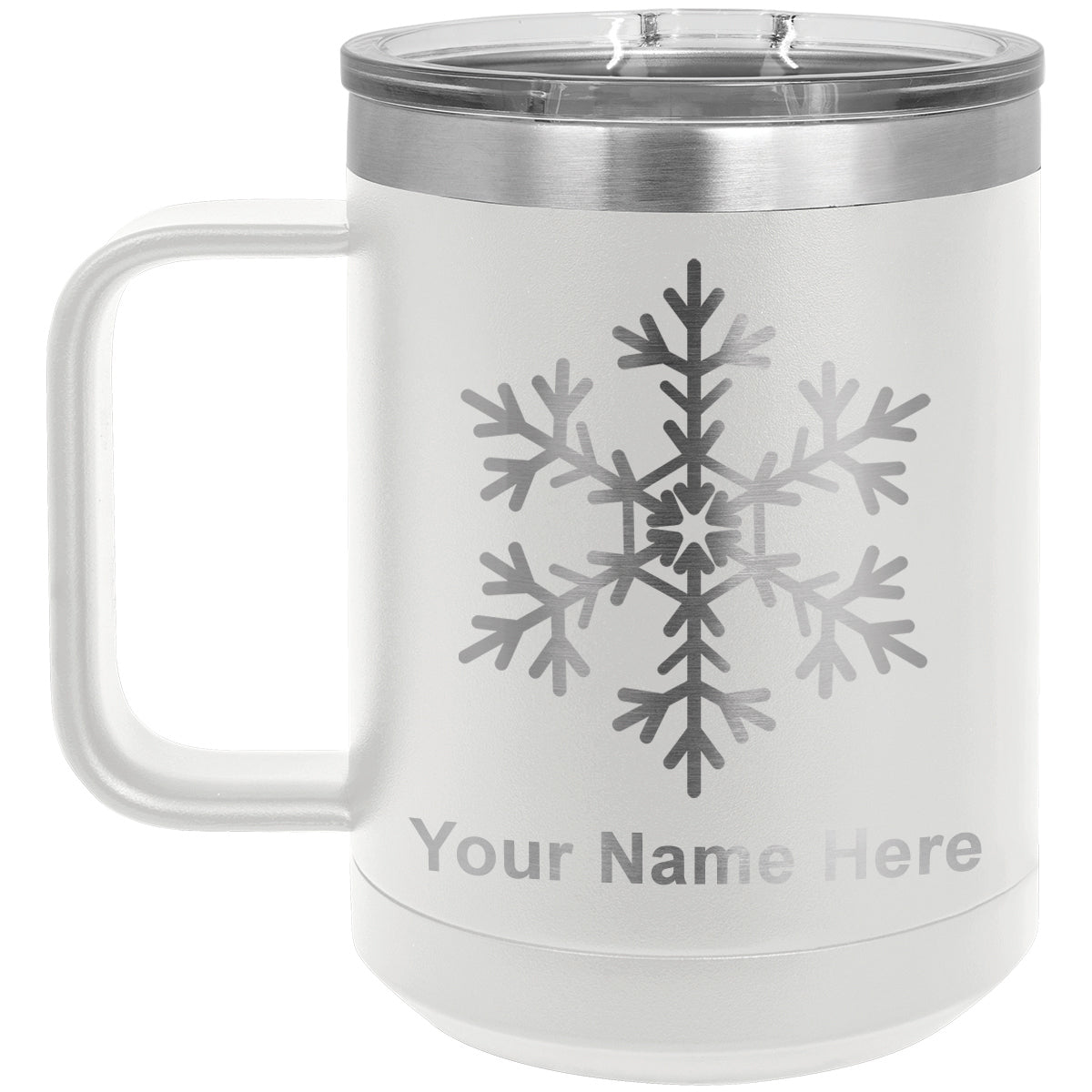 15oz Vacuum Insulated Coffee Mug, Snowflake, Personalized Engraving Included