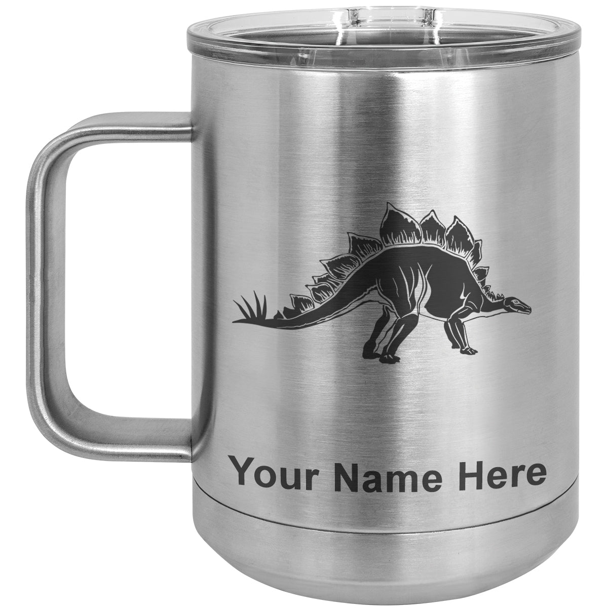 15oz Vacuum Insulated Coffee Mug, Stegosaurus Dinosaur, Personalized Engraving Included