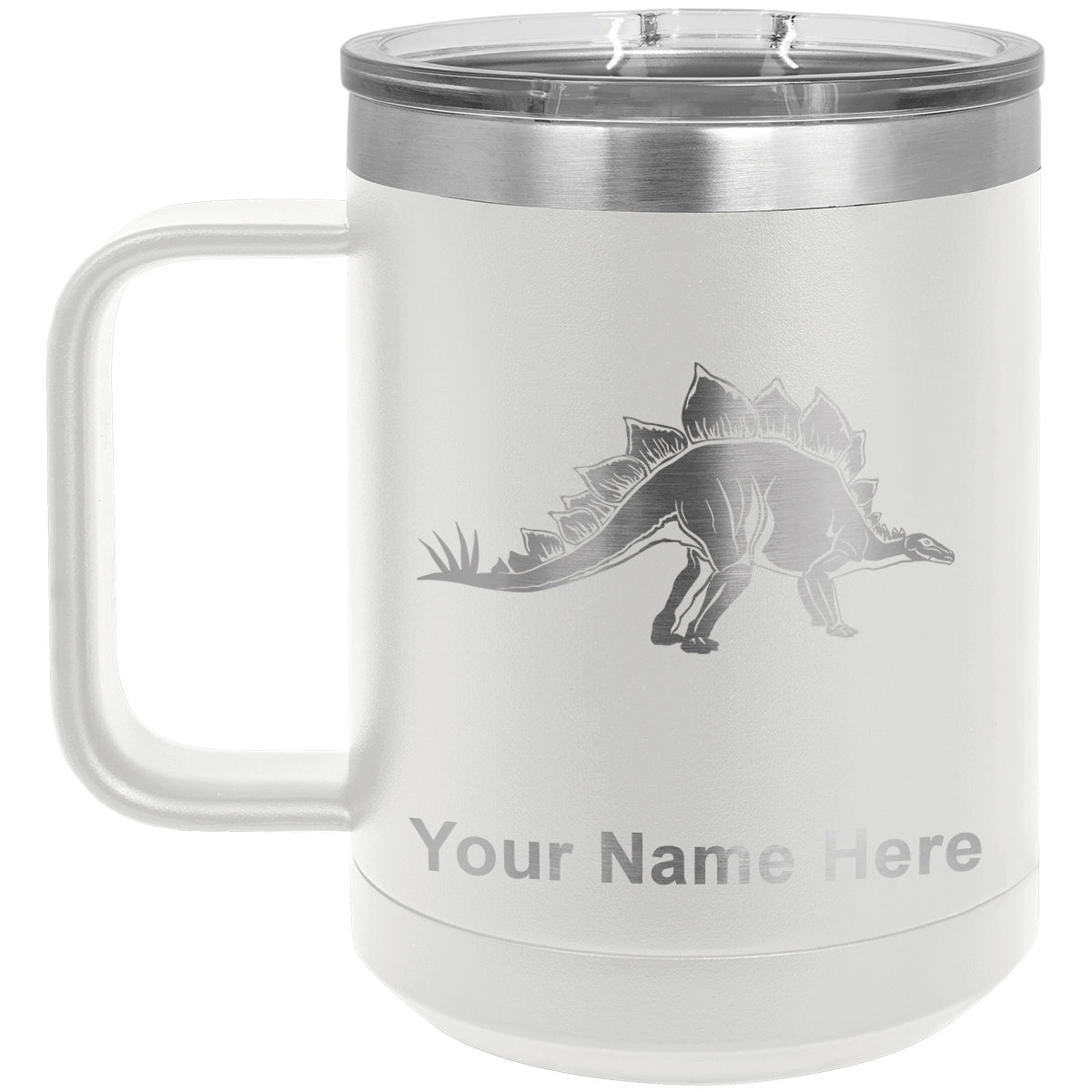 15oz Vacuum Insulated Coffee Mug, Stegosaurus Dinosaur, Personalized Engraving Included