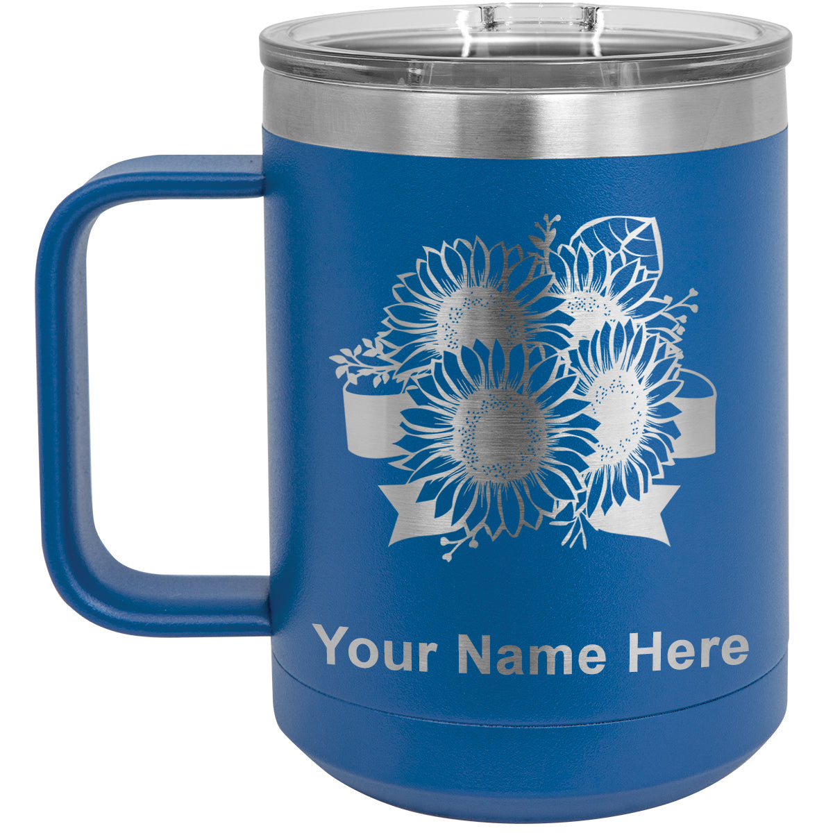 15oz Vacuum Insulated Coffee Mug, Sunflowers, Personalized Engraving Included