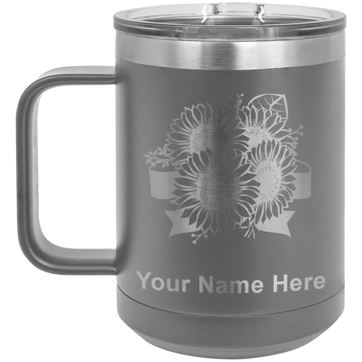 15oz Vacuum Insulated Coffee Mug, Sunflowers, Personalized Engraving Included