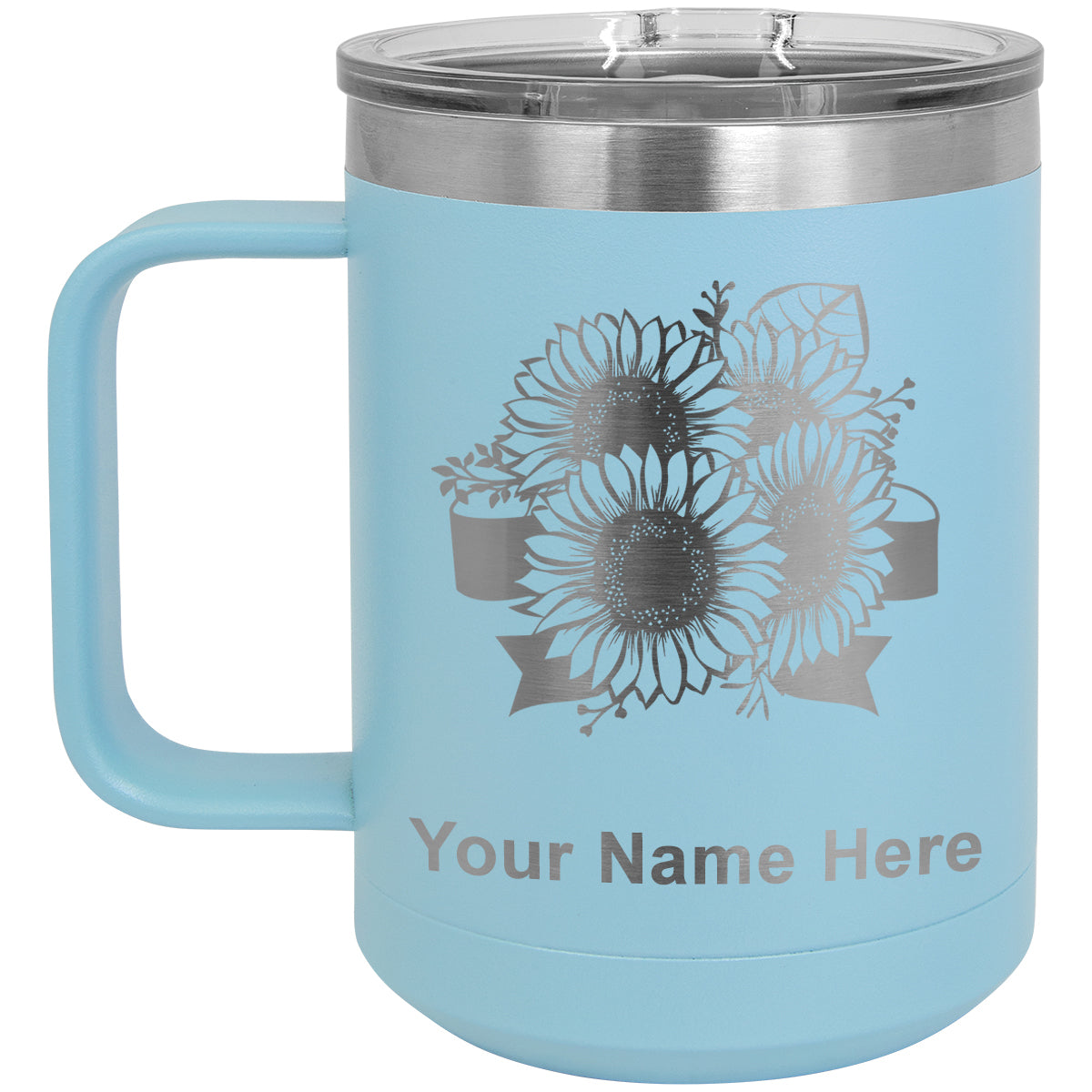 15oz Vacuum Insulated Coffee Mug, Sunflowers, Personalized Engraving Included