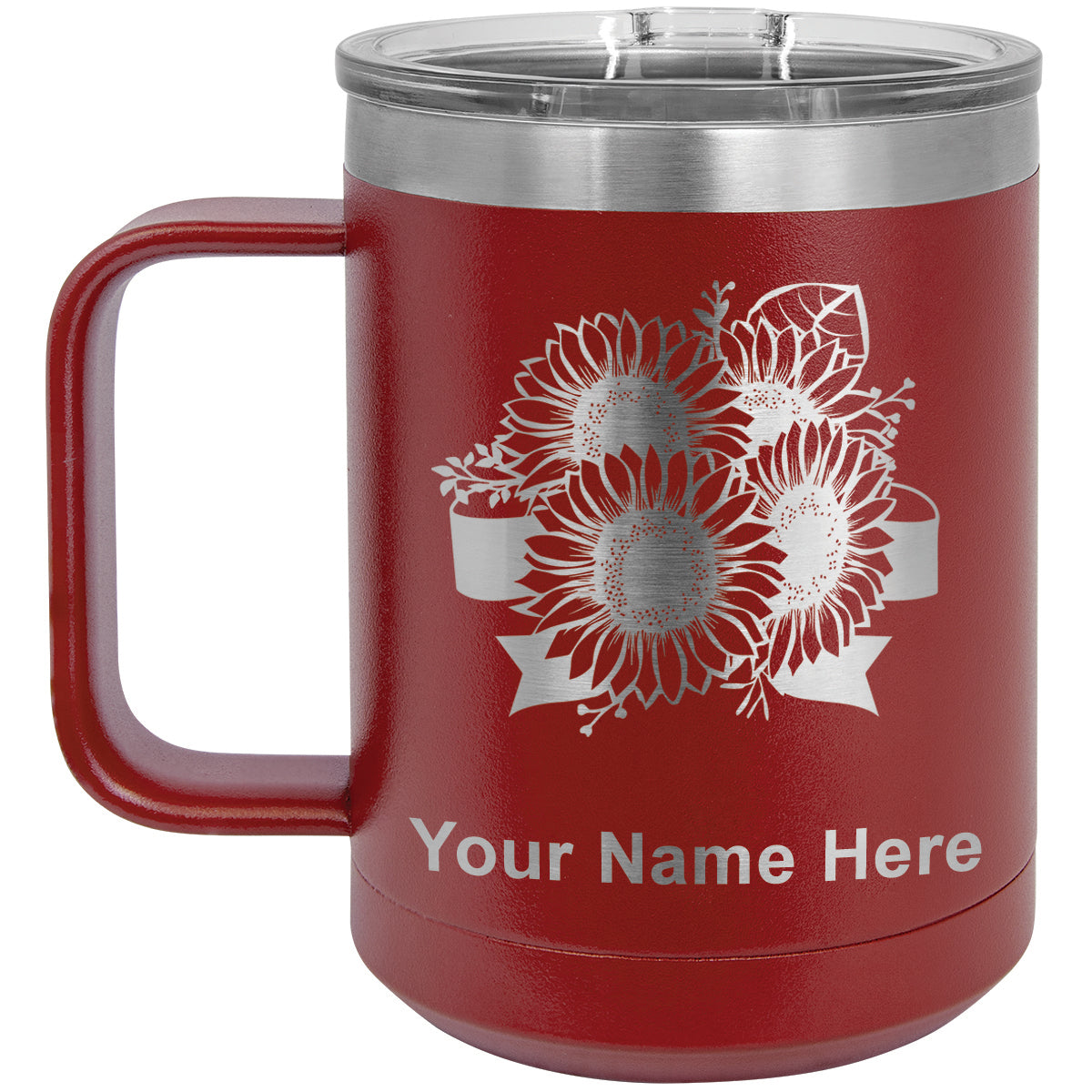 15oz Vacuum Insulated Coffee Mug, Sunflowers, Personalized Engraving Included