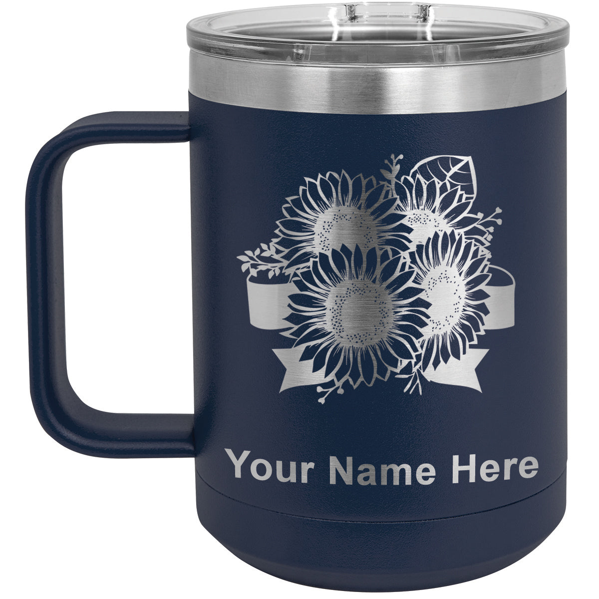 15oz Vacuum Insulated Coffee Mug, Sunflowers, Personalized Engraving Included