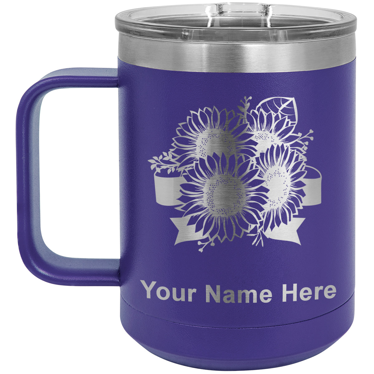 15oz Vacuum Insulated Coffee Mug, Sunflowers, Personalized Engraving Included