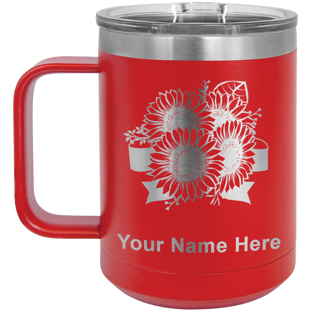 15oz Vacuum Insulated Coffee Mug, Sunflowers, Personalized Engraving Included