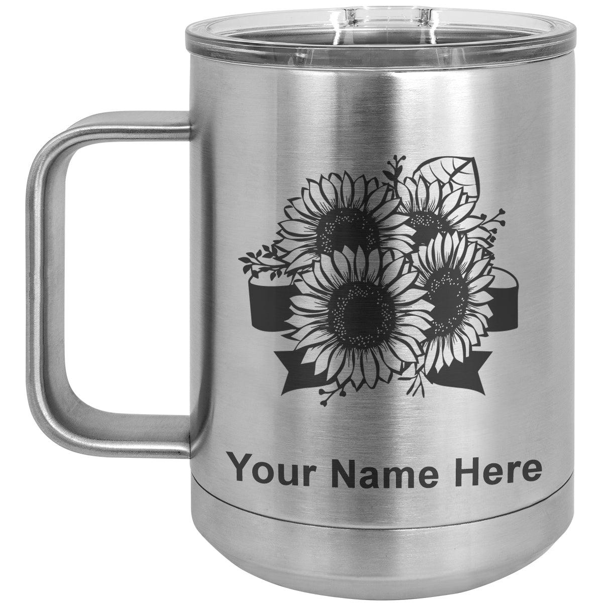 15oz Vacuum Insulated Coffee Mug, Sunflowers, Personalized Engraving Included