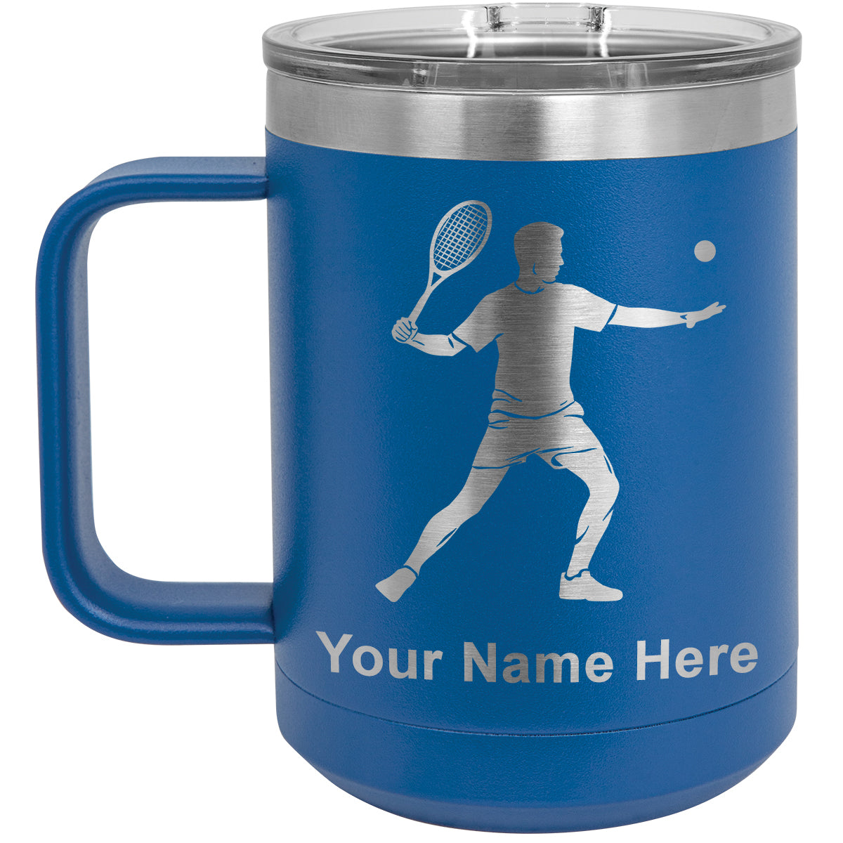 15oz Vacuum Insulated Coffee Mug, Tennis Player Man, Personalized Engraving Included