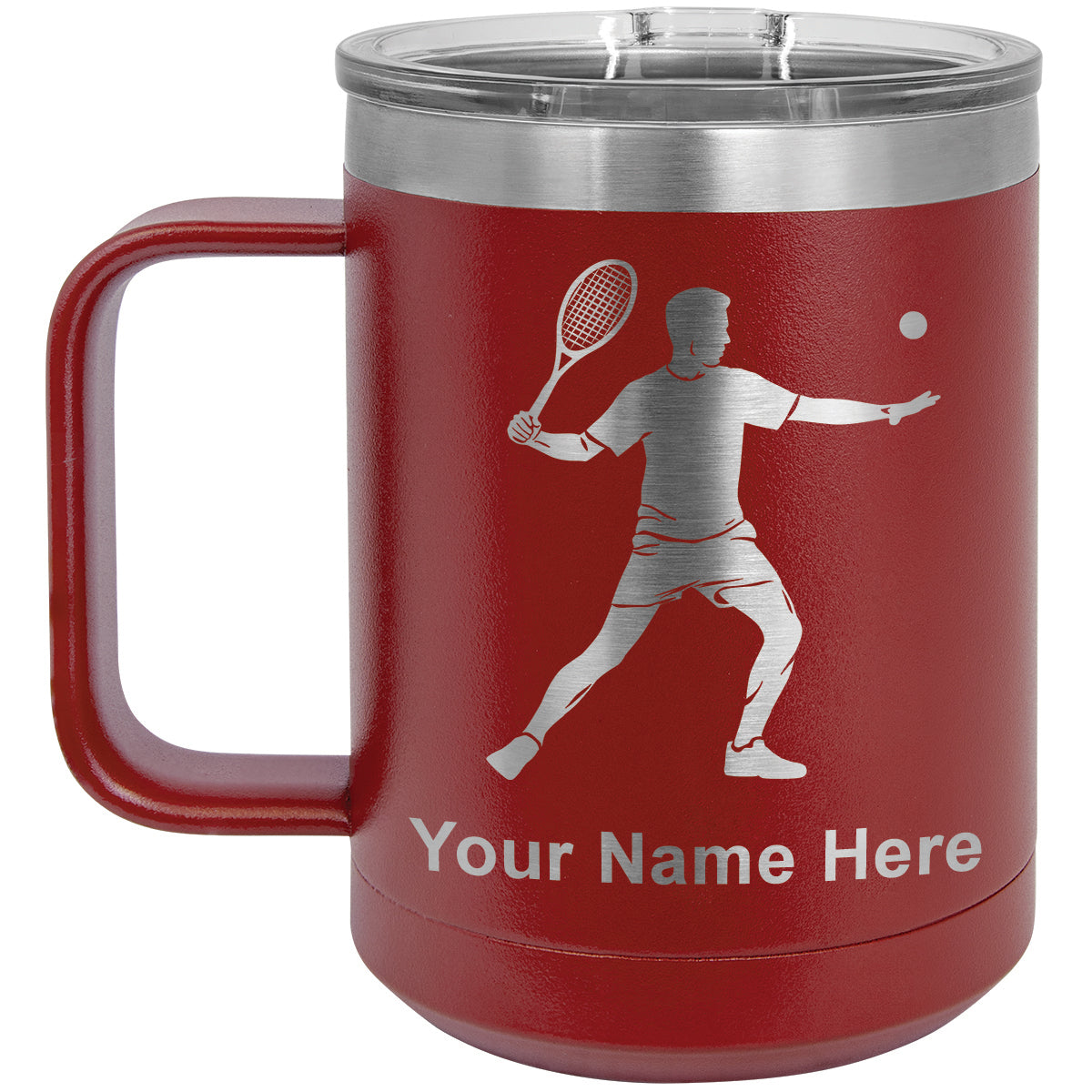 15oz Vacuum Insulated Coffee Mug, Tennis Player Man, Personalized Engraving Included