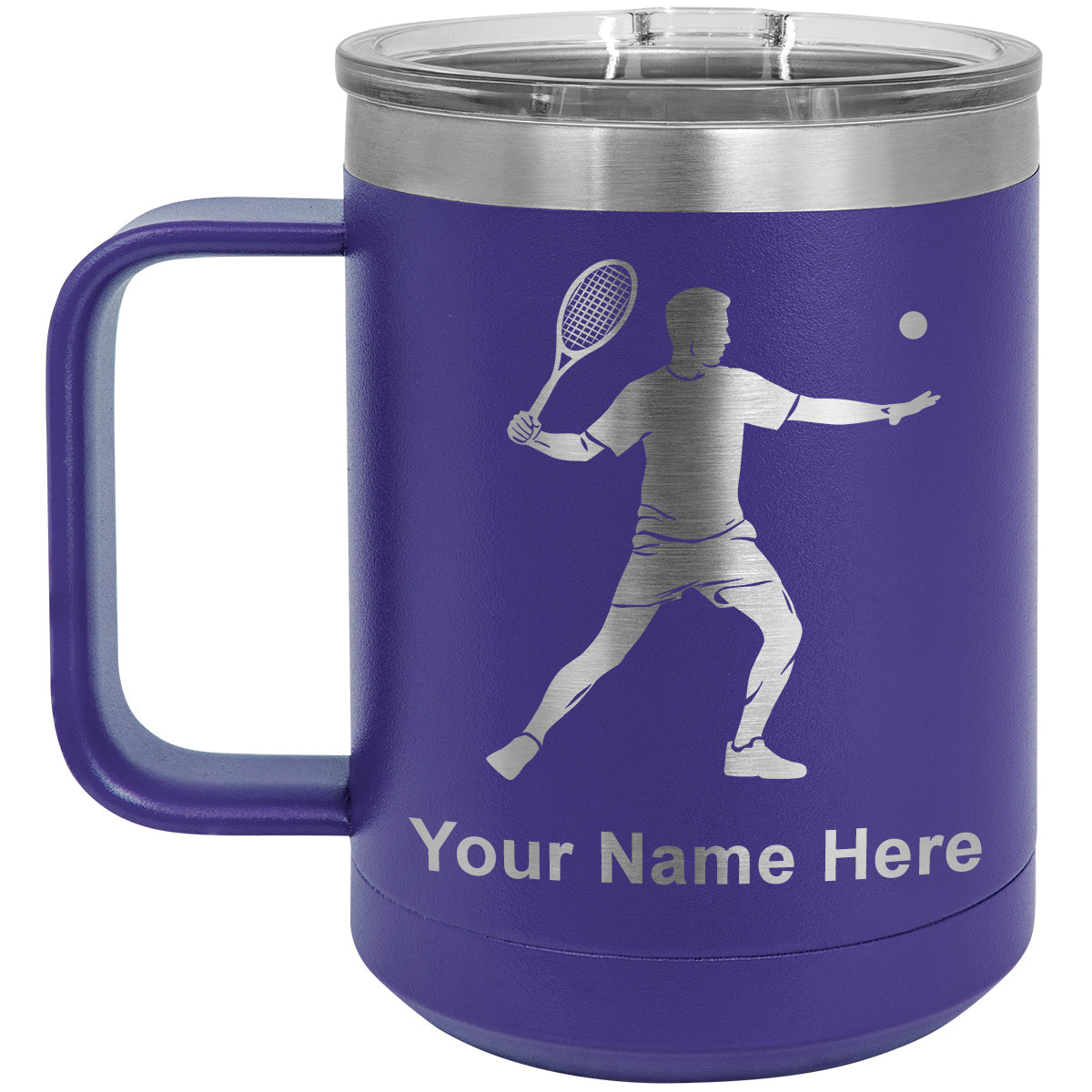 15oz Vacuum Insulated Coffee Mug, Tennis Player Man, Personalized Engraving Included