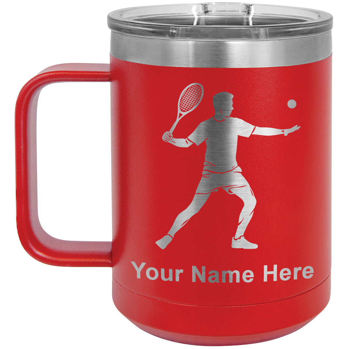 15oz Vacuum Insulated Coffee Mug, Tennis Player Man, Personalized Engraving Included