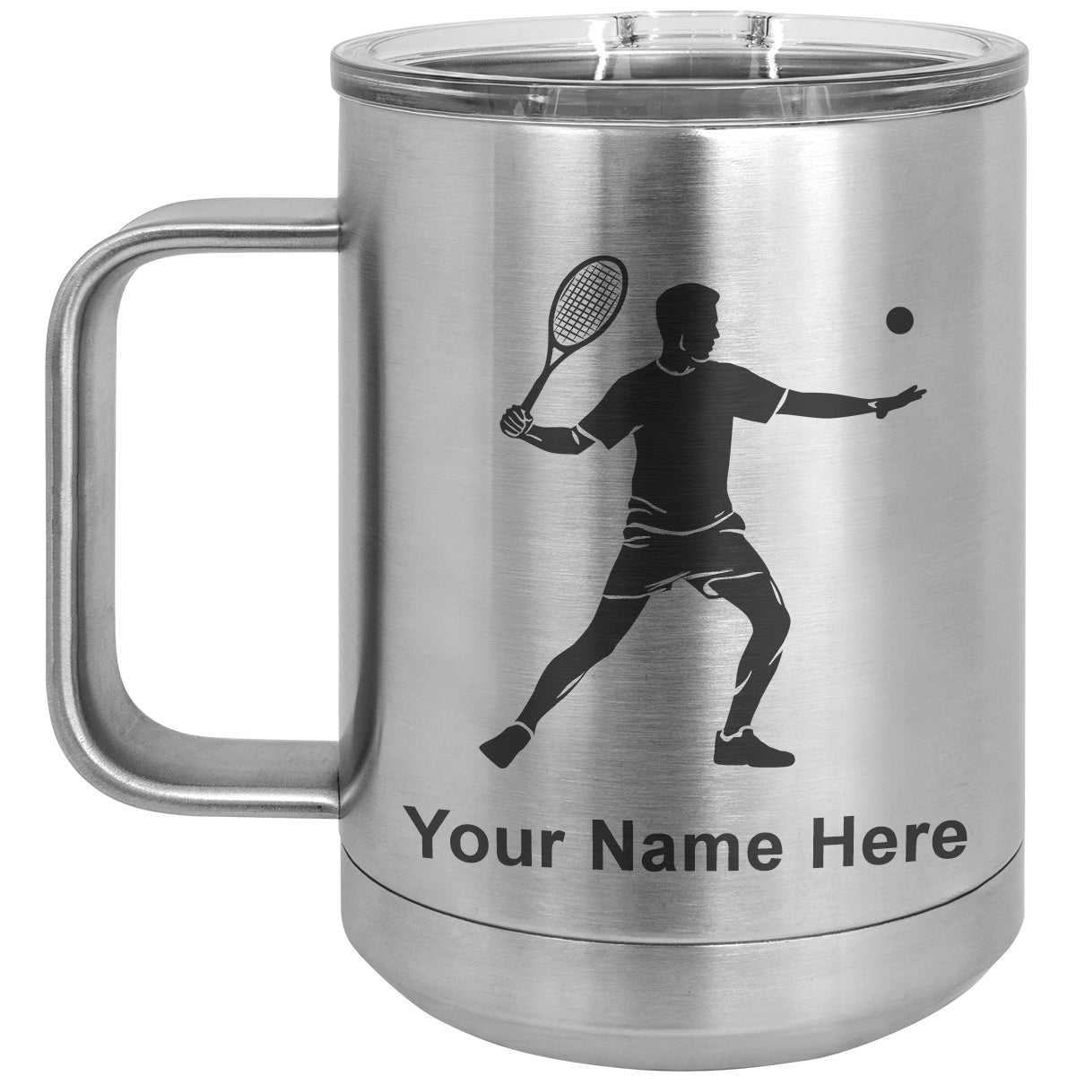 15oz Vacuum Insulated Coffee Mug, Tennis Player Man, Personalized Engraving Included