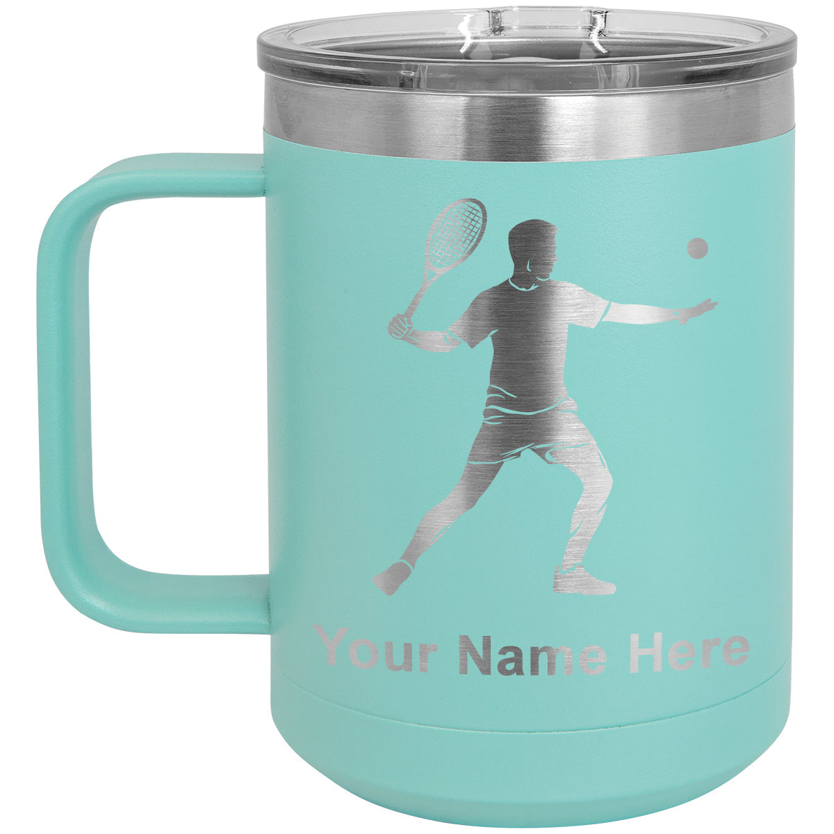 15oz Vacuum Insulated Coffee Mug, Tennis Player Man, Personalized Engraving Included