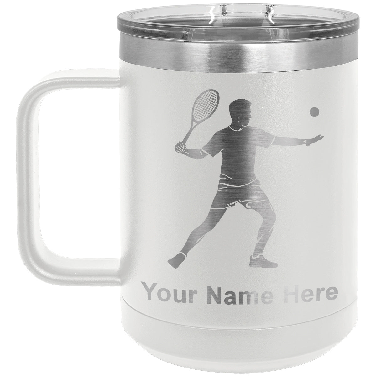 15oz Vacuum Insulated Coffee Mug, Tennis Player Man, Personalized Engraving Included