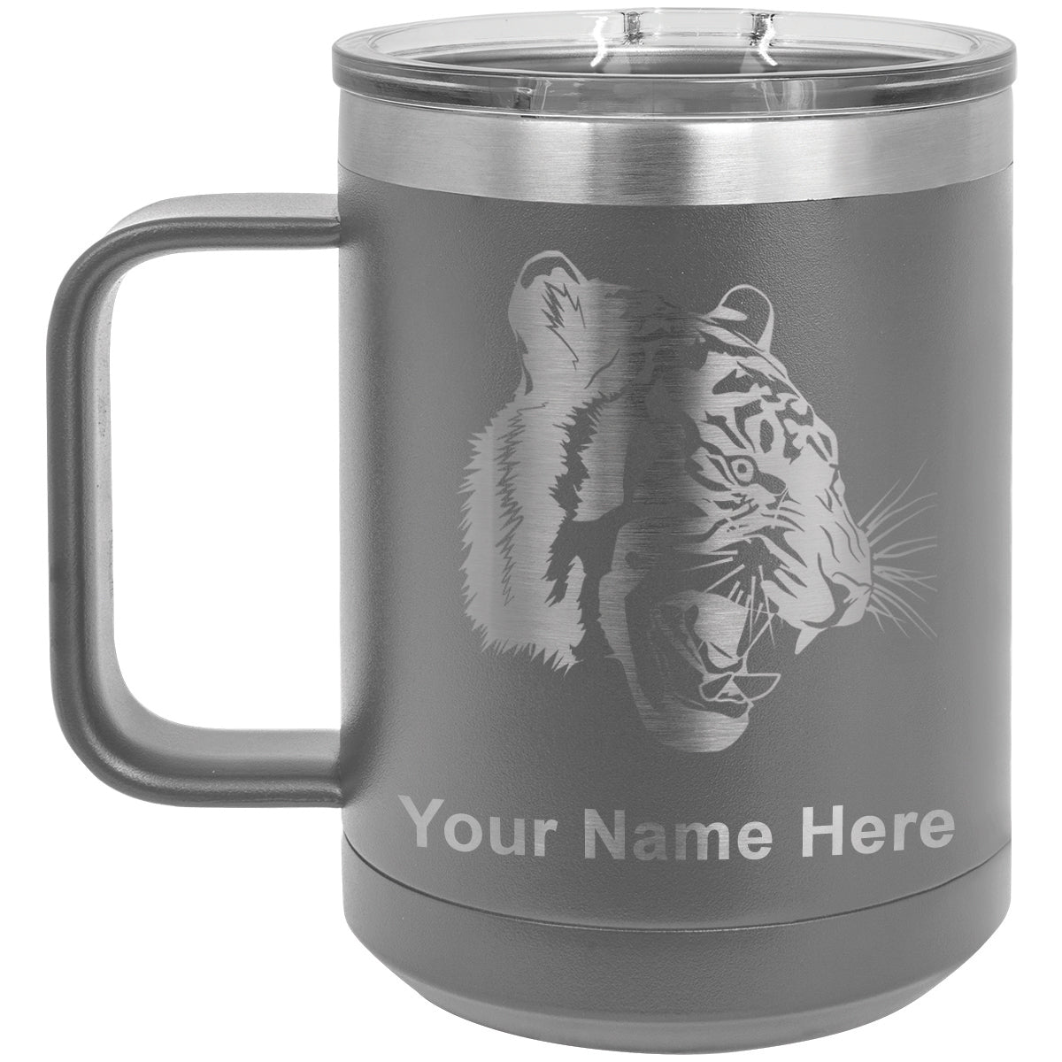 15oz Vacuum Insulated Coffee Mug, Tiger Head, Personalized Engraving Included