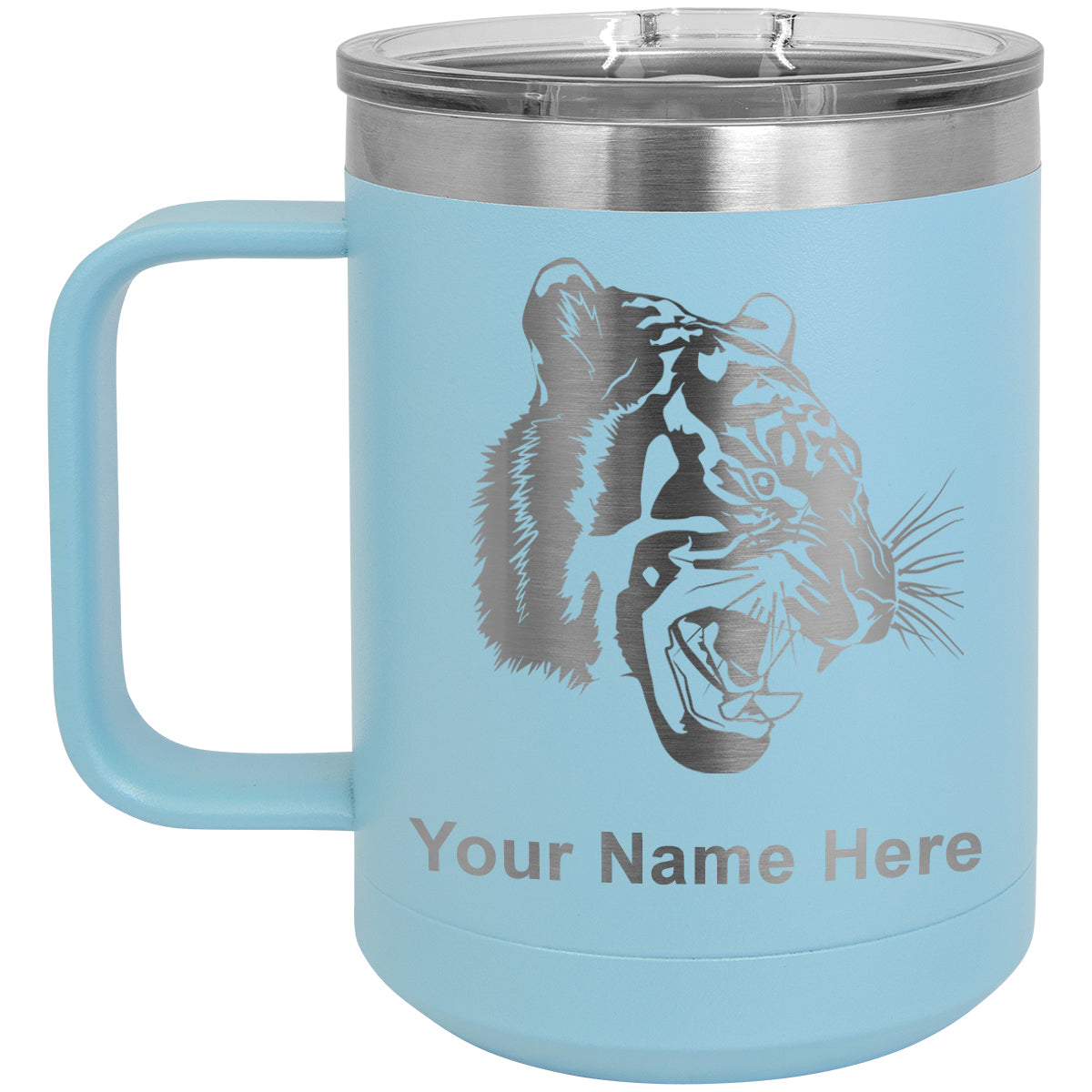 15oz Vacuum Insulated Coffee Mug, Tiger Head, Personalized Engraving Included