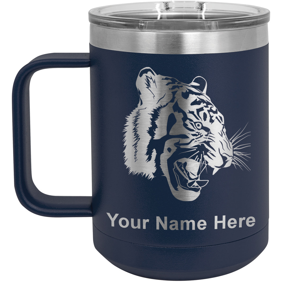 15oz Vacuum Insulated Coffee Mug, Tiger Head, Personalized Engraving Included