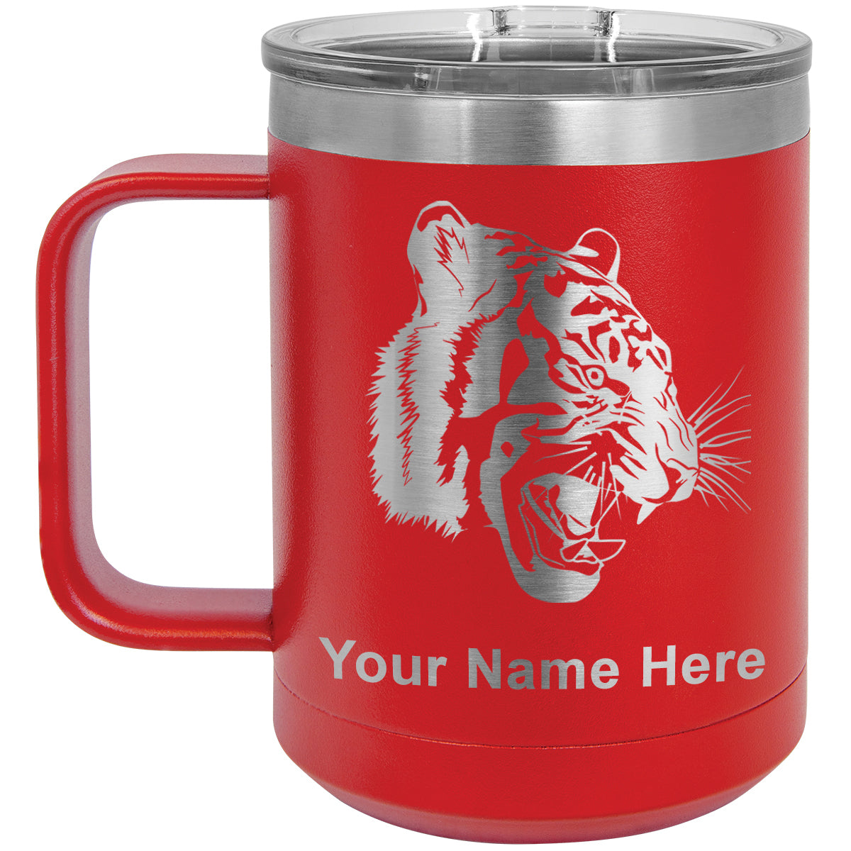 15oz Vacuum Insulated Coffee Mug, Tiger Head, Personalized Engraving Included