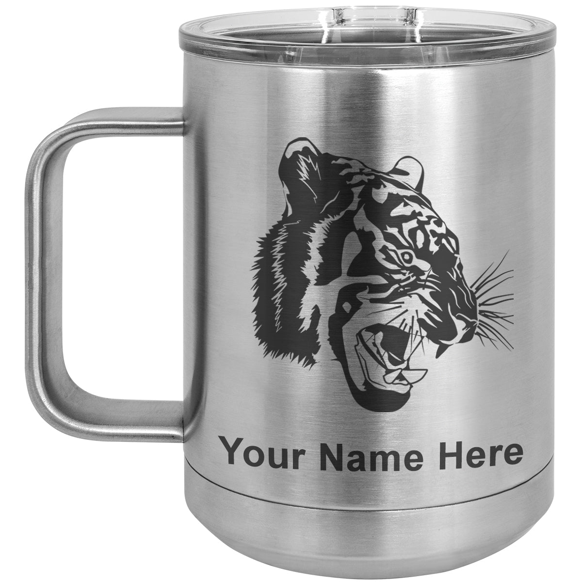 15oz Vacuum Insulated Coffee Mug, Tiger Head, Personalized Engraving Included